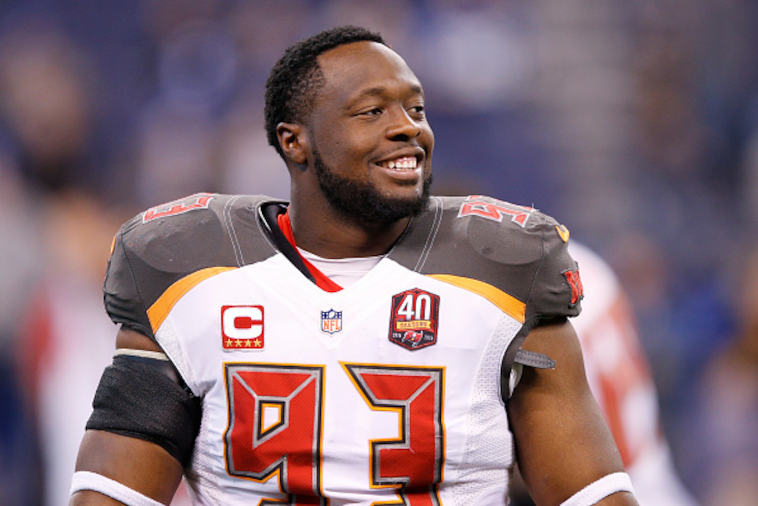 INDIANAPOLIS, IN - NOVEMBER 29: Gerald McCoy #93 of the Tampa Bay Buccaneers looks on against the Indianapolis Colts during the game at Lucas Oil Stadium on November 29, 2015 in Indianapolis, Indiana. The Colts defeated the Bucs 25-12. (Photo by Joe Robbi