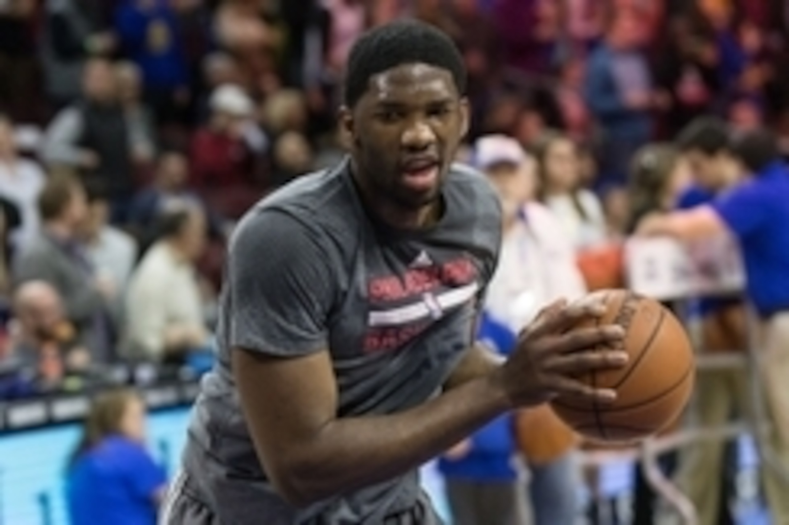 Jan 30, 2016; Philadelphia, PA, USA;  Philadelphia 76ers center Joel Embiid  practices before a game against the Golden State Warriors at Wells Fargo Center. The Golden State Warriors won 108-105. Mandatory Credit: Bill Streicher-USA TODAY Sports
