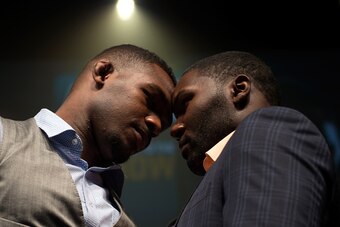 LOS ANGELES, CALIFORNIA - FEBRUARY 28:  (L-R) UFC light heavyweight champion Jon Jones and Anthony Johnson face off during the UFC Welcome To The Show Launch Event at L.A. Live Event Deck on February 28, 2015 in Los Angeles, California. (Photo by Brandon 