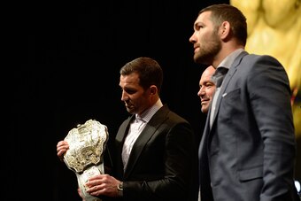 LAS VEGAS, NV - MARCH 4:   (L-R) UFC middleweight champion Luke Rockhold and Chris Weidman face off during the UFC Unstoppable Launch Press Conference in the MGM Grand Garden Arena on March 4, 2016 in Las Vegas, Nevada. (Photo by Brandon Magnus/Zuffa LLC/