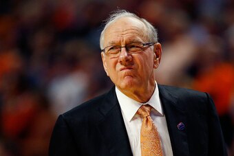 CHICAGO, IL - MARCH 27:  Head coach Jim Boeheim of the Syracuse Orange reacts in the first half against the Virginia Cavaliers during the 2016 NCAA Men's Basketball Tournament Midwest Regional Final at United Center on March 27, 2016 in Chicago, Illinois.