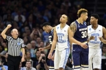 Mar 27, 2016; Philadelphia, PA, USA; North Carolina Tar Heels forward Brice Johnson (11) reacts after a technical foul during the second half against the Notre Dame Fighting Irish in the championship game in the East regional of the NCAA Tournament at Wel