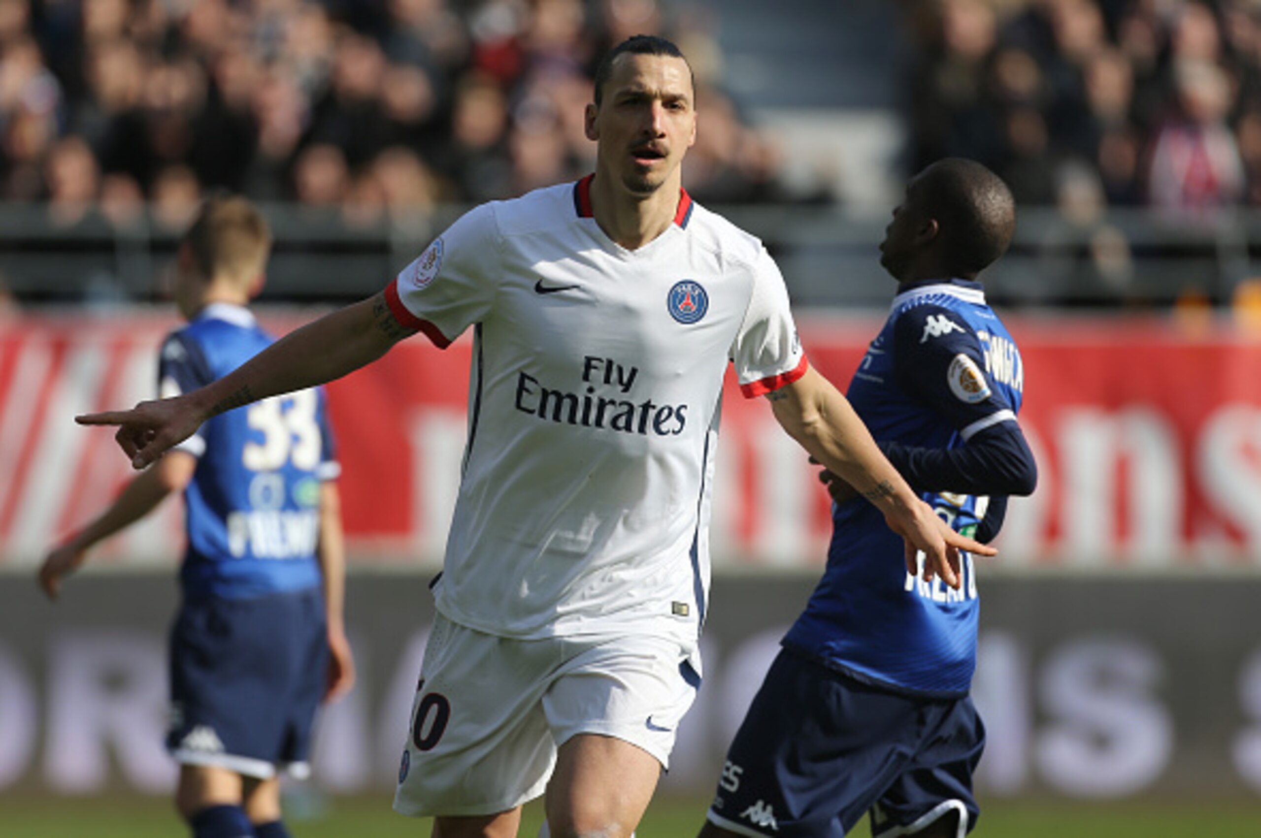 TROYES, FRANCE - MARCH 13: Zlatan Ibrahimovic of PSG celebrates his third goal during the French Ligue 1 match between ESTAC Troyes and Paris Saint-Germain (PSG) at Stade de l'Aube on March 13, 2016 in Troyes, France. (Photo by Jean Catuffe/Getty Images)