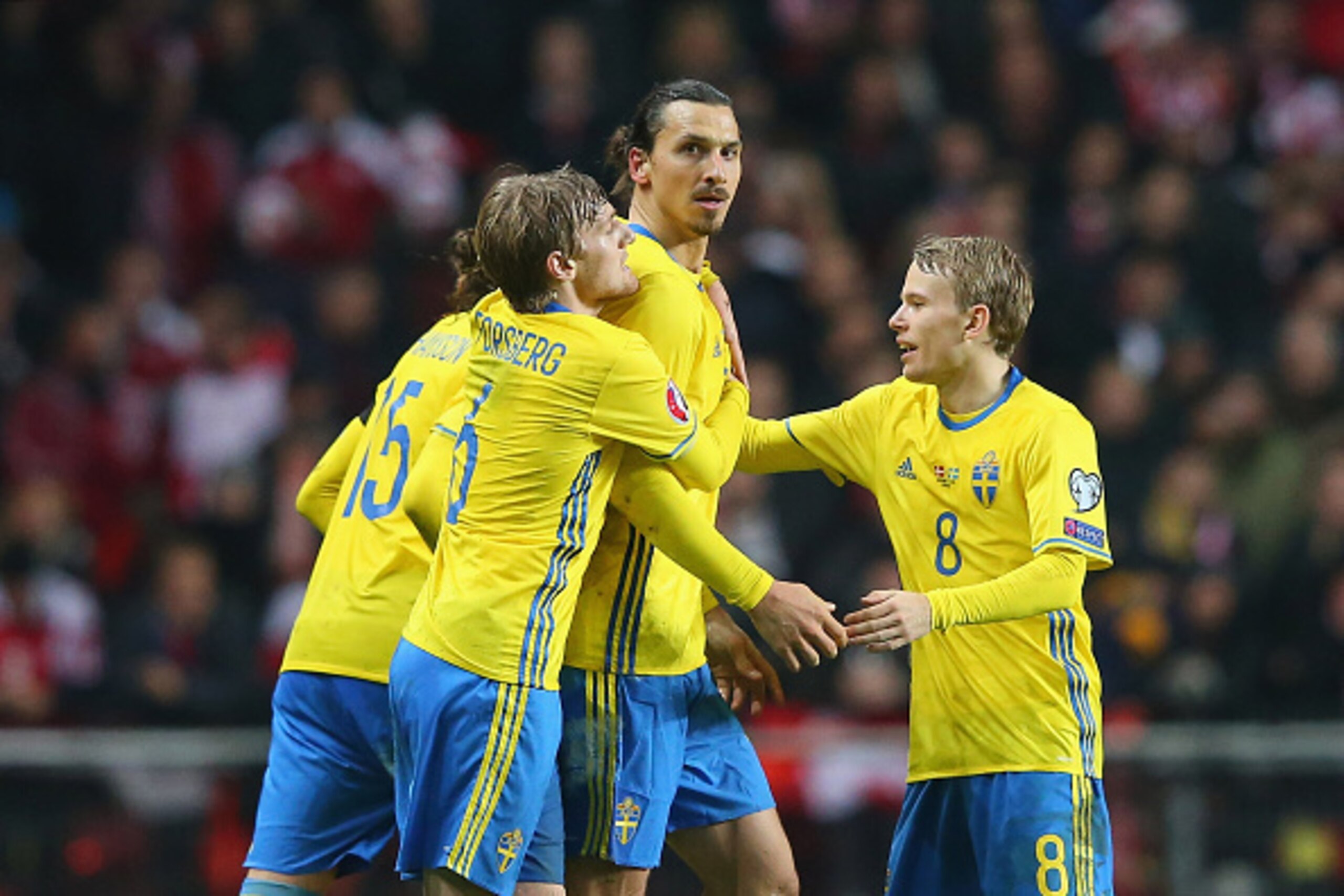 COPENHAGEN, DENMARK - NOVEMBER 17:  Zlatan Ibrahimovic of Sweden is congratulated by team mates after scoring the second goal during the UEFA EURO 2016 Qualifier Play-Off Second Leg match between Denmark and Sweden at Parken Stadium on November 17, 2015 i