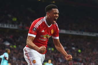MANCHESTER, ENGLAND - MARCH 13: Anthony Martial of Manchester United celebrates as he scores their first and equalising goal during the Emirates FA Cup sixth round match between Manchester United and West Ham United at Old Trafford on March 13, 2016 in M MANCHESTER, ENGLAND - MARCH 13: Anthony Martial of Manchester United celebrates as he scores their first and equalising goal during the Emirates FA Cup sixth round match between Manchester United and West Ham United at Old Trafford on March 13, 2016 in M