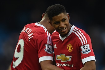 Manchester United's English striker Marcus Rashford (R) hugs Manchester United's French striker Anthony Martial following the English Premier League football match between Manchester City and Manchester United at the Etihad Stadium in Manchester, north we Manchester United's English striker Marcus Rashford (R) hugs Manchester United's French striker Anthony Martial following the English Premier League football match between Manchester City and Manchester United at the Etihad Stadium in Manchester, north we