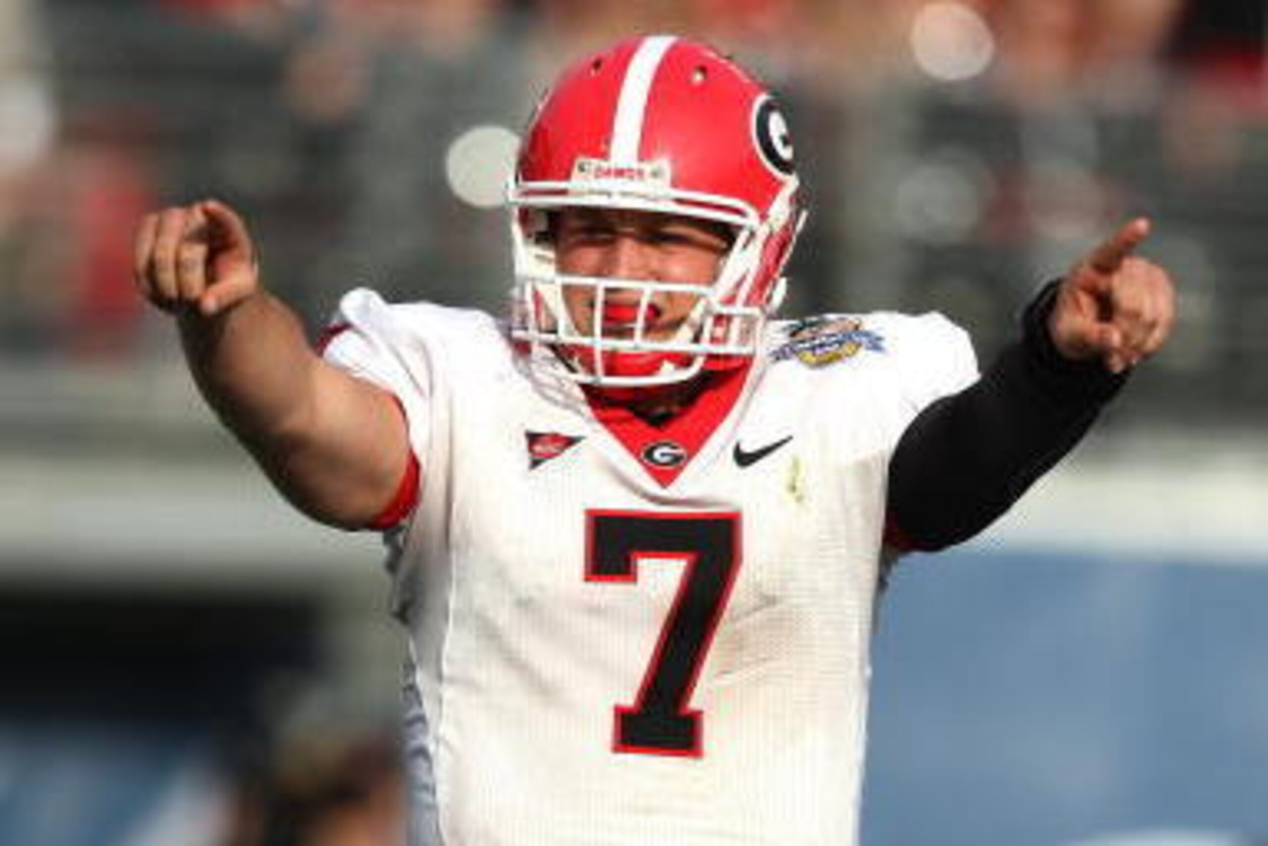 ORLANDO, FL - JANUARY 1: Matthew Stafford #7 of the Georgia Bulldogs calls an audible at the line of scrimmage against the Michigan State Spartans in the Capital One Bowl at the Citrus Bowl on January 1, 2009 in Orlando, Florida. The Bulldogs won 24-12. (