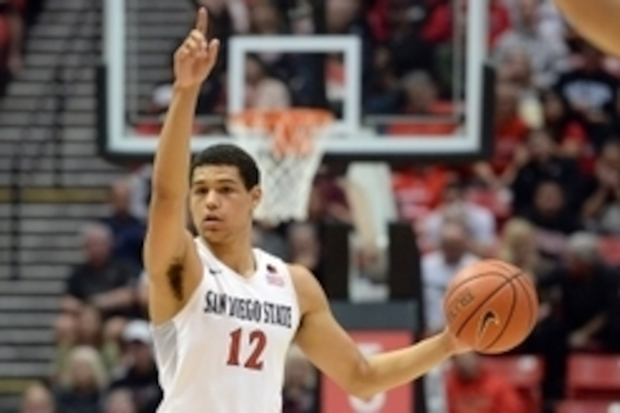 Feb 13, 2016; San Diego, CA, USA; San Diego State Aztecs guard Trey Kell (12) gestures during the first half against the Air Force Falcons at Viejas Arena at Aztec Bowl. Mandatory Credit: Jake Roth-USA TODAY Sports