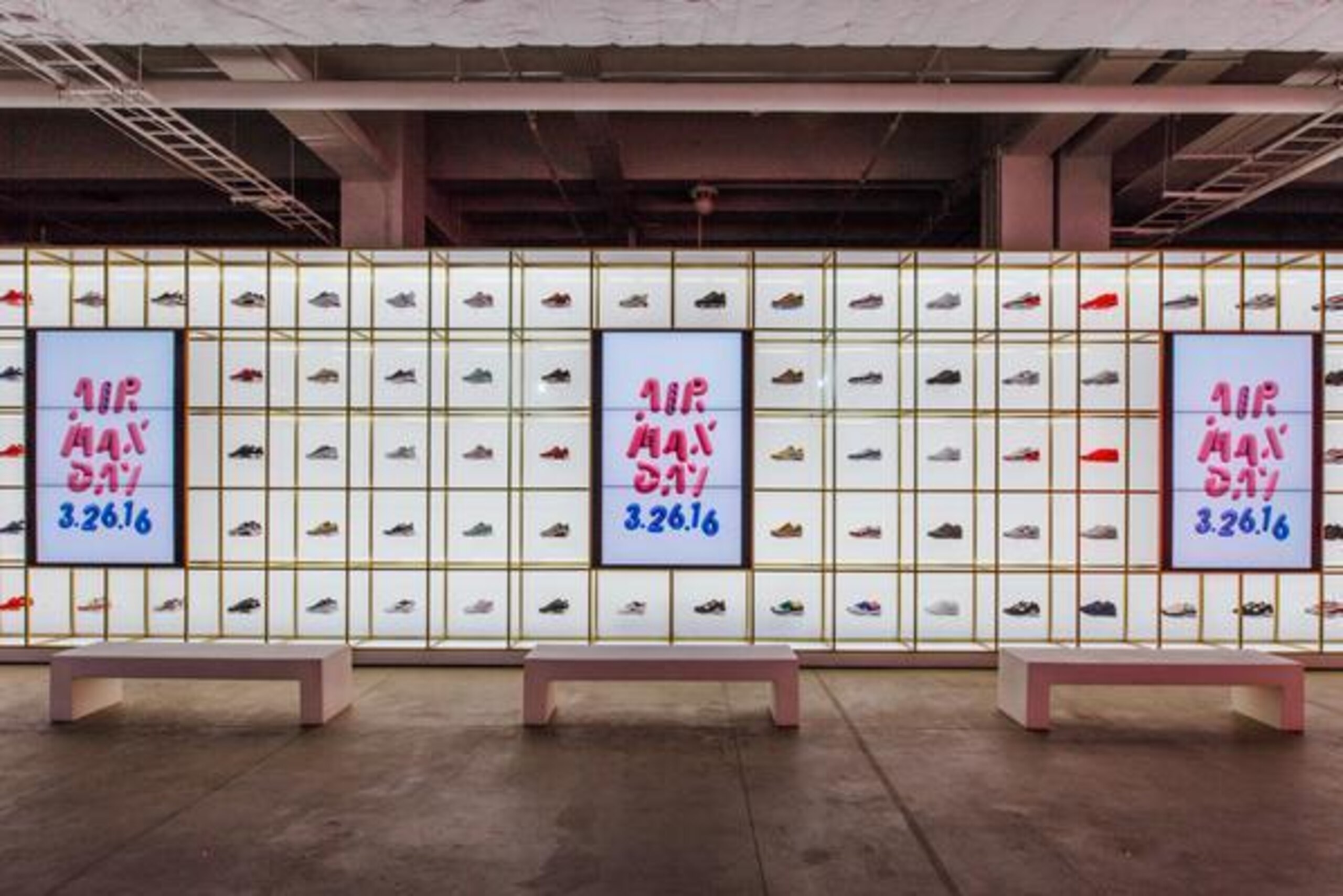 The Air Max Con wall of sneakers.