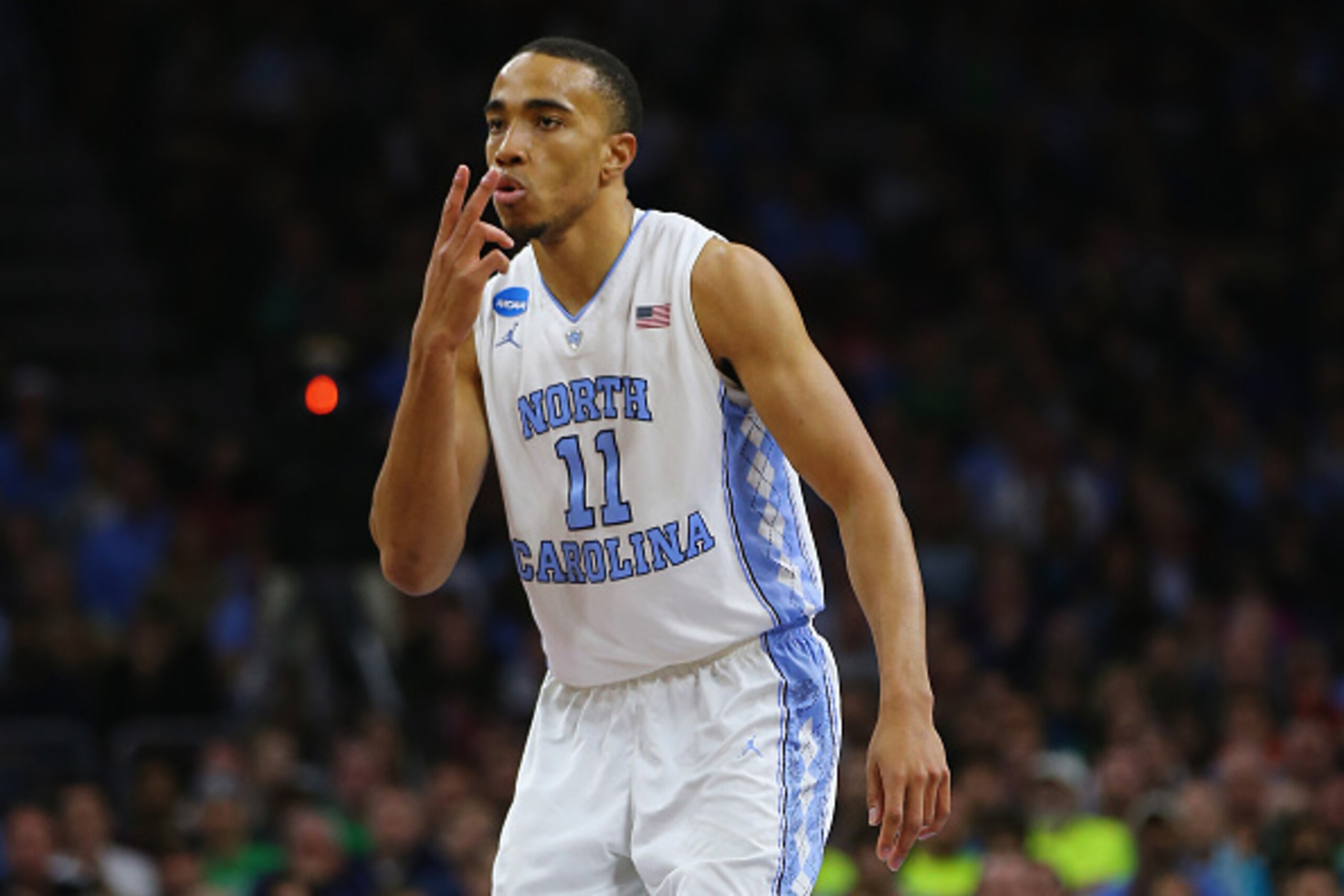 PHILADELPHIA, PA - MARCH 27:  Brice Johnson #11 of the North Carolina Tar Heels celebrates a basket in the first half against the Notre Dame Fighting Irish during the 2016 NCAA Men's Basketball Tournament East Regional Final at Wells Fargo Center on March