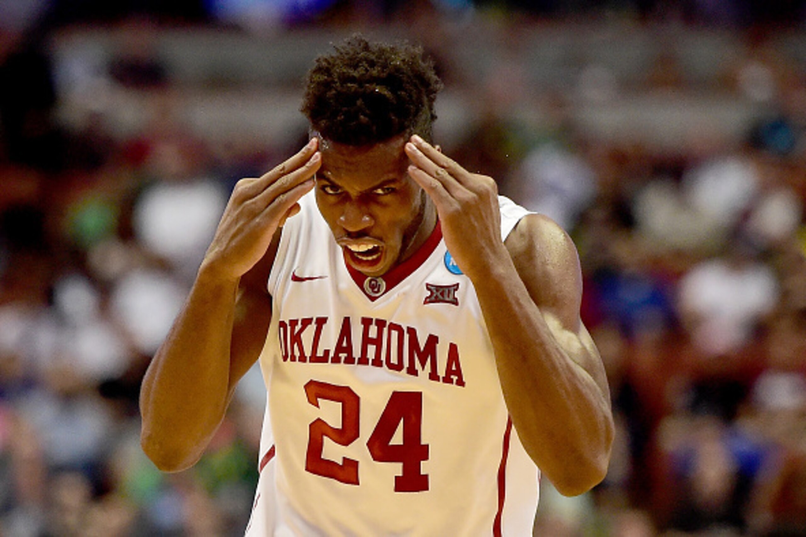 ANAHEIM, CA - MARCH 24:  Buddy Hield #24 of the Oklahoma Sooners reacts in the first half while taking on the Texas A&M Aggies in the 2016 NCAA Men's Basketball Tournament West Regional at the Honda Center on March 24, 2016 in Anaheim, California.  (Photo