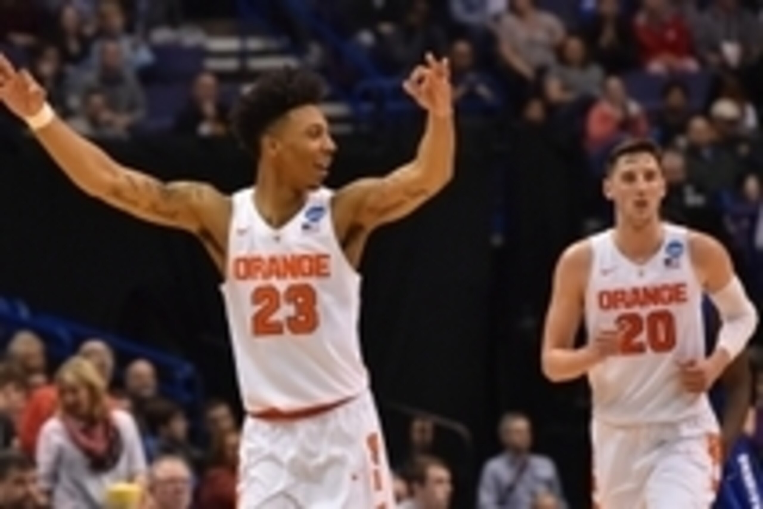 Mar 20, 2016; St. Louis, MO, USA; Syracuse Orange guard Malachi Richardson (23) reacts along with forward Tyler Lydon (20) during the second half in the second round against the Middle Tennessee Blue Raiders in the 2016 NCAA Tournament at Scottrade Center