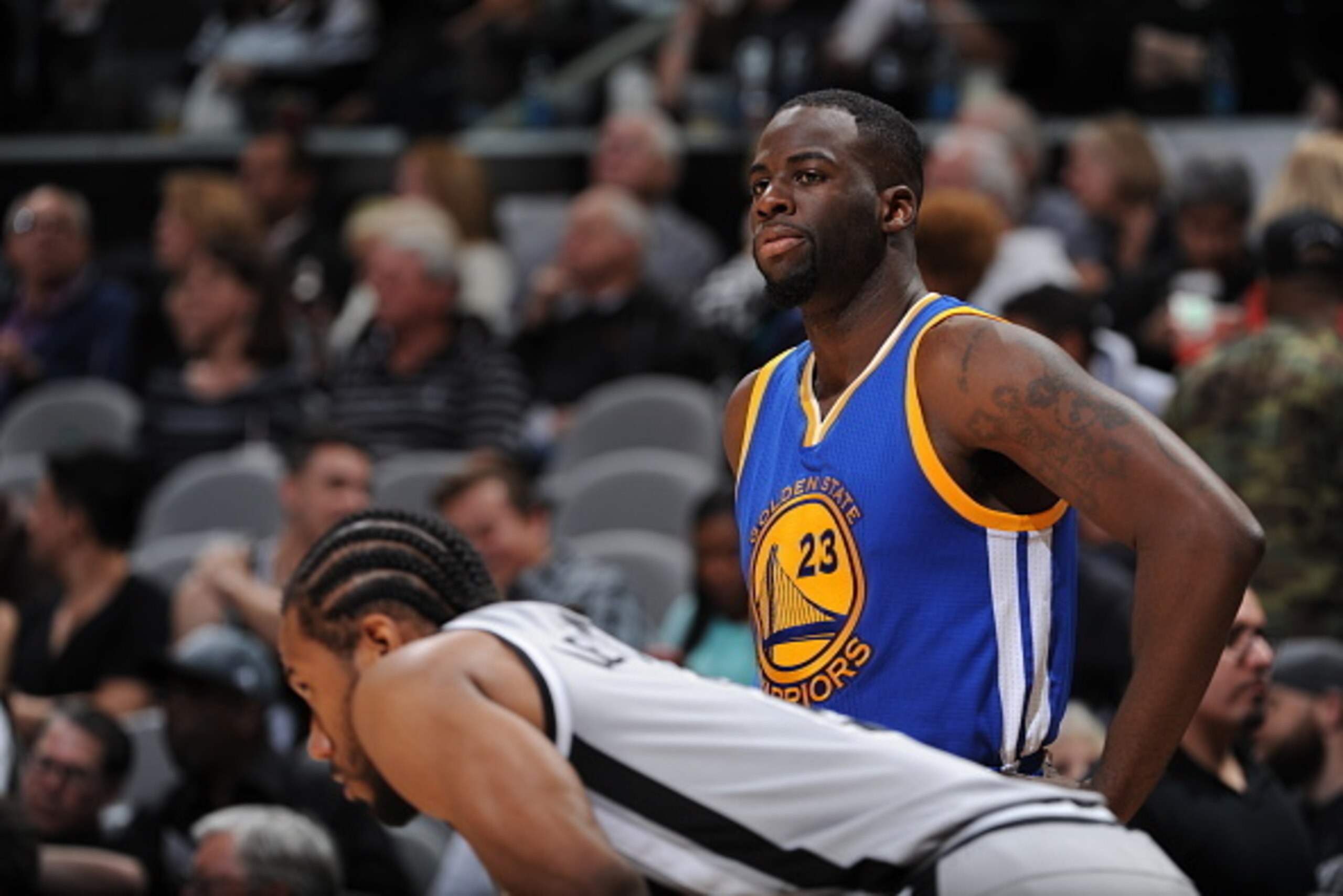 SAN ANTONIO, TX - MARCH 19:  Draymond Green #23 of the Golden State Warriors during the game against the San Antonio Spurs on March 19, 2016 at the AT&T Center in San Antonio, Texas. NOTE TO USER: User expressly acknowledges and agrees that, by downloadin