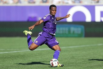 ORLANDO, FL - MARCH 06:   Cyle Larin #9 of Orlando City SC kicks the ball during a MLS soccer match between Real Salt Lake and the Orlando City SC at the Orlando Citrus Bowl on March 6, 2016 in Orlando, Florida. The game ended in a 2-2 draw. (Photo by Ale