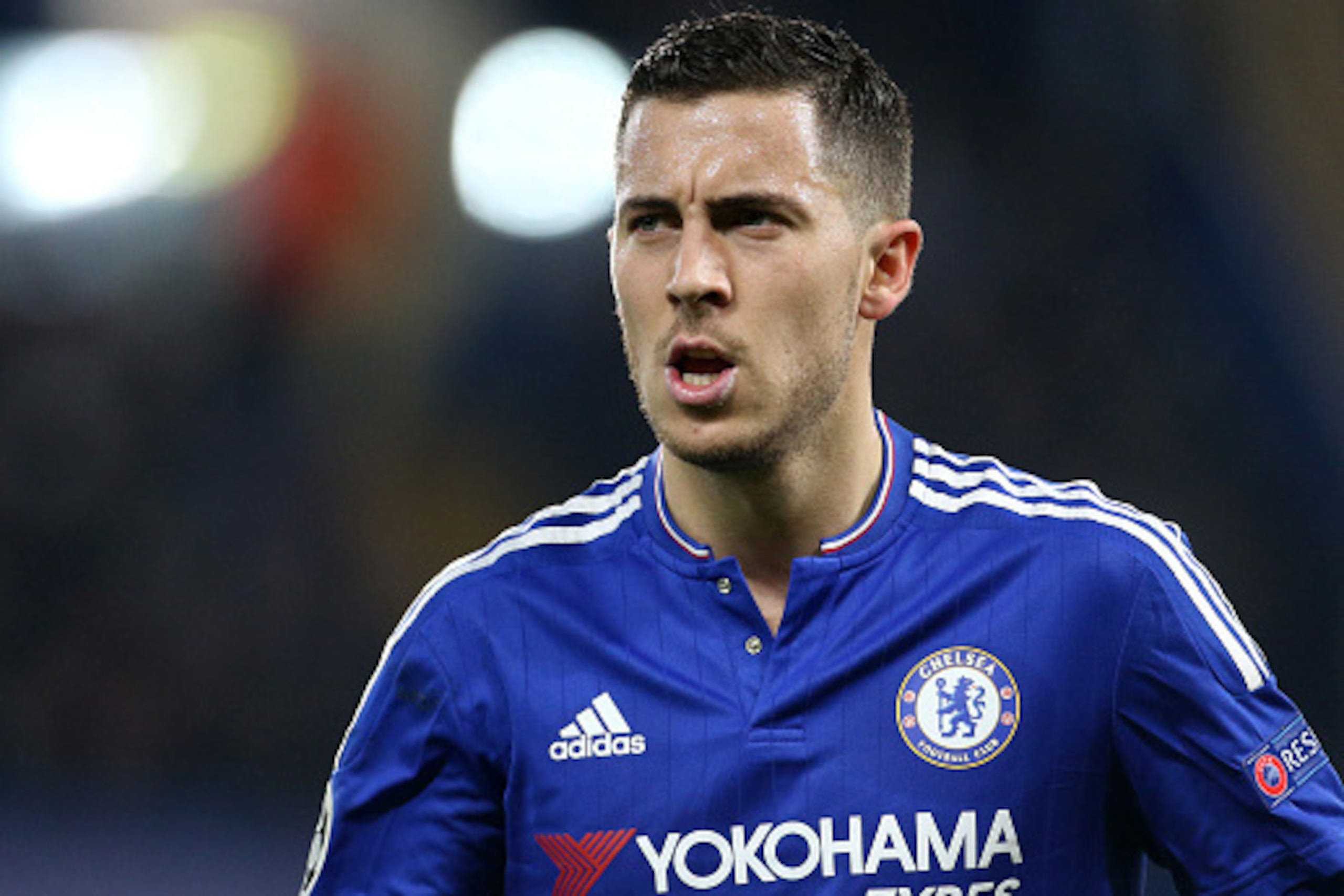 LONDON, ENGLAND - MARCH 9: Eden Hazard of Chelsea looks on during the UEFA Champions League round of 16 second leg match between Chelsea FC and Paris Saint-Germain at Stamford Bridge stadium on March 9, 2016 in London, England. (Photo by Jean Catuffe/Gett