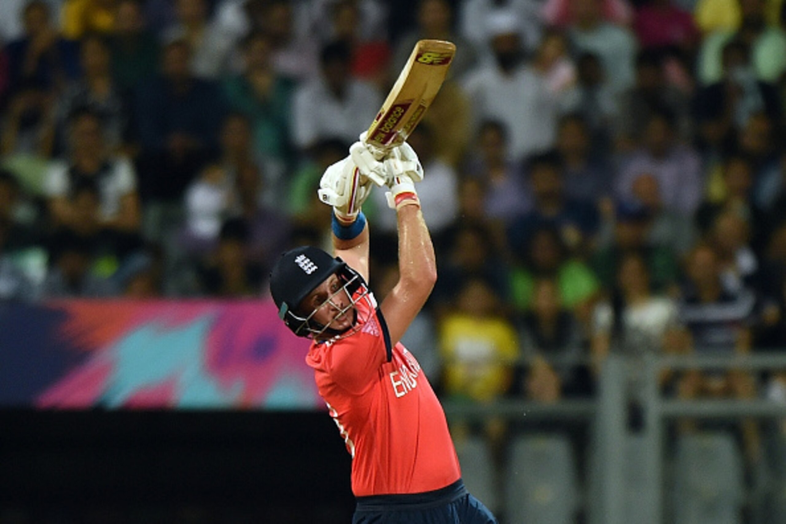 England batsman Joe Root plays a shot during the World T20 cricket tournament match between England and South Africa at The Wankhede Stadium in Mumbai on March 18, 2016.  / AFP / PUNIT PARANJPE        (Photo credit should read PUNIT PARANJPE/AFP/Getty Ima