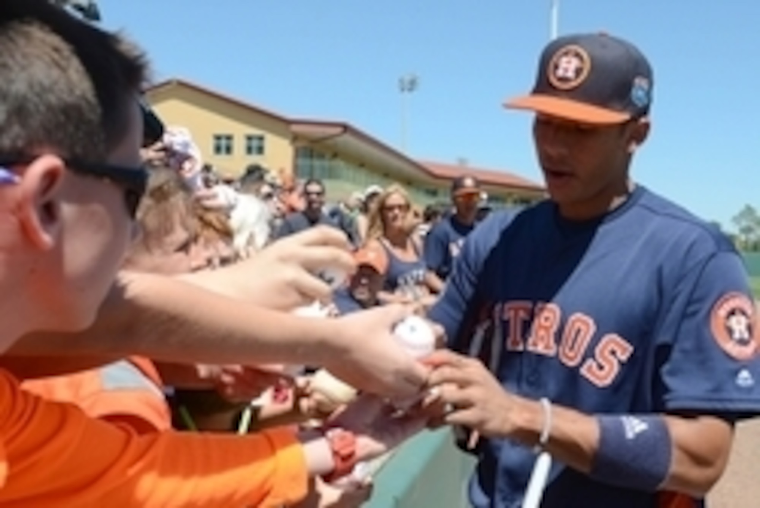 Mar 22, 2016; Kissimmee, FL, USA; Houston Astros infielder Carlos Correa (1) signs autographs before the start of the spring training game against the Atlanta Braves at Osceola County Stadium. Mandatory Credit: Jonathan Dyer-USA TODAY Sports