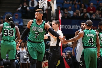 MINNEAPOLIS, MN - FEBRUARY 22:  Jared Sullinger #7 of the Boston Celtics high fives Isaiah Thomas #4 of the Boston Celtics during the game against the Minnesota Timberwolves on February 22, 2016 at Target Center in Minneapolis, Minnesota. NOTE TO USER: Us