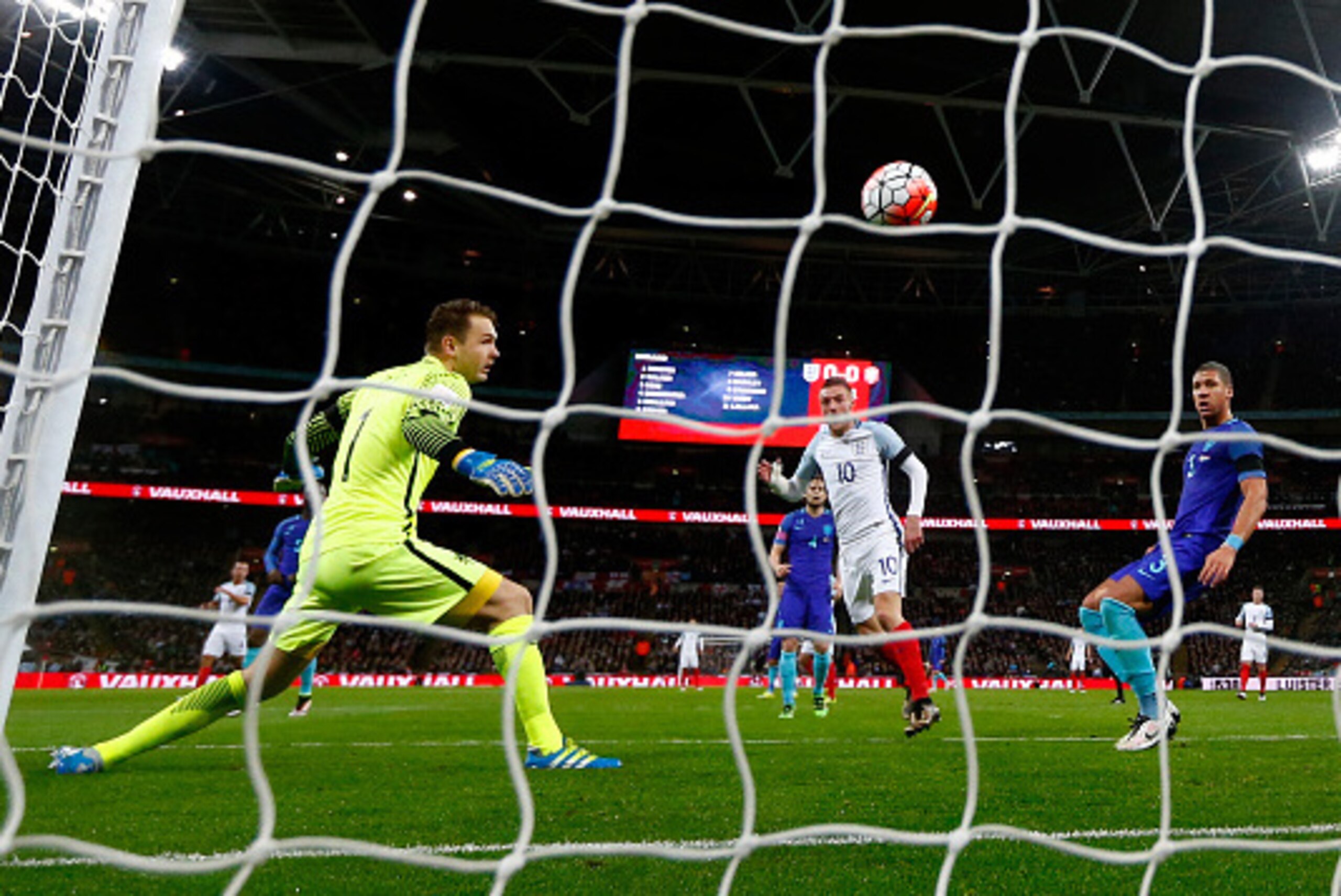 LONDON, ENGLAND - MARCH 29:  Jamie Vardy (c) of England scores the opening goal past Jeroen Zoet goalkeeper of the Netherlands (L) during the International Friendly match between England and Netherlands at Wembley Stadium on March 29, 2016 in London, Engl