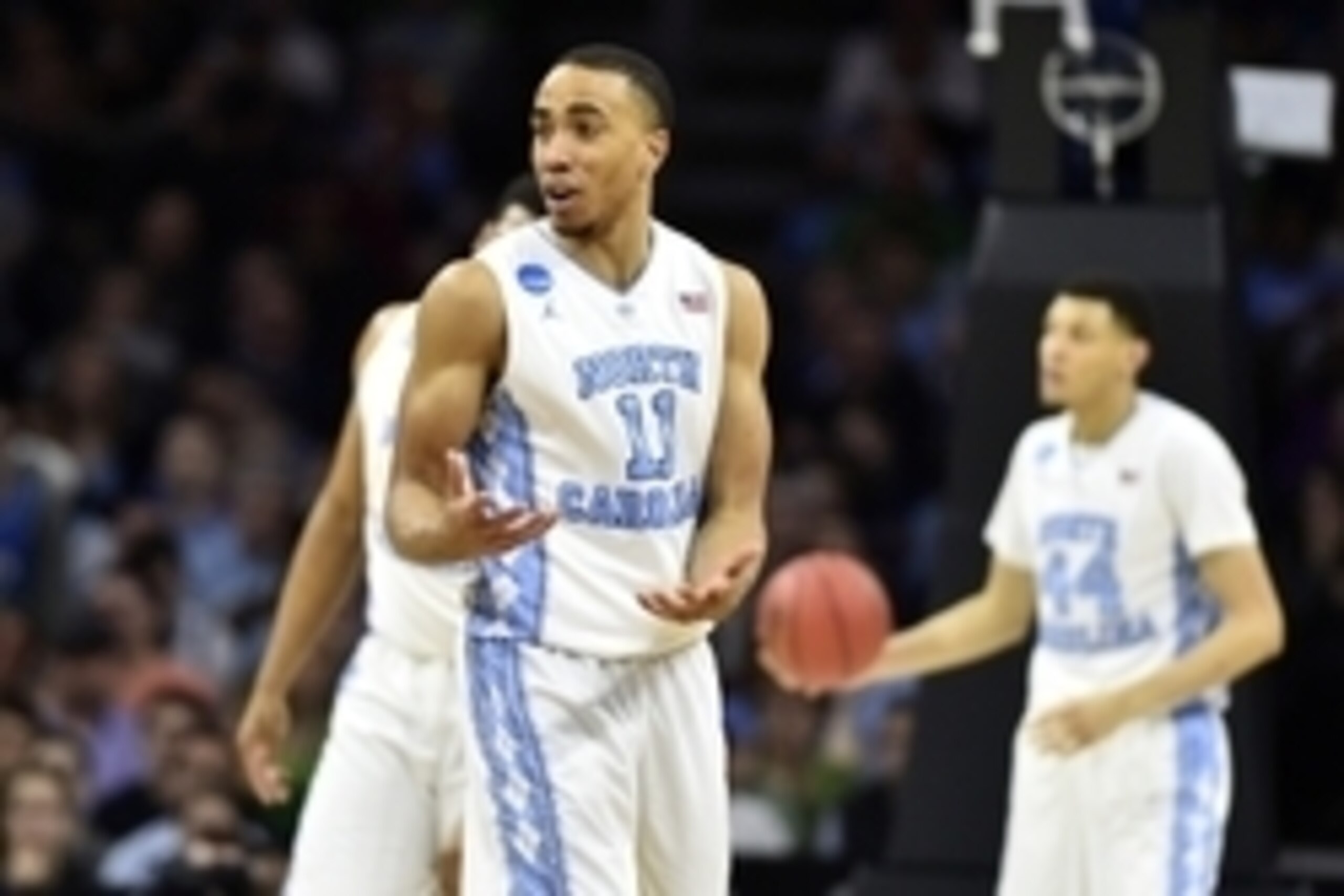 Mar 27, 2016; Philadelphia, PA, USA; North Carolina Tar Heels forward Brice Johnson (11) reacts after a technical foul during the second half against the Notre Dame Fighting Irish in the championship game in the East regional of the NCAA Tournament at Wel Mar 27, 2016; Philadelphia, PA, USA; North Carolina Tar Heels forward Brice Johnson (11) reacts after a technical foul during the second half against the Notre Dame Fighting Irish in the championship game in the East regional of the NCAA Tournament at Wel