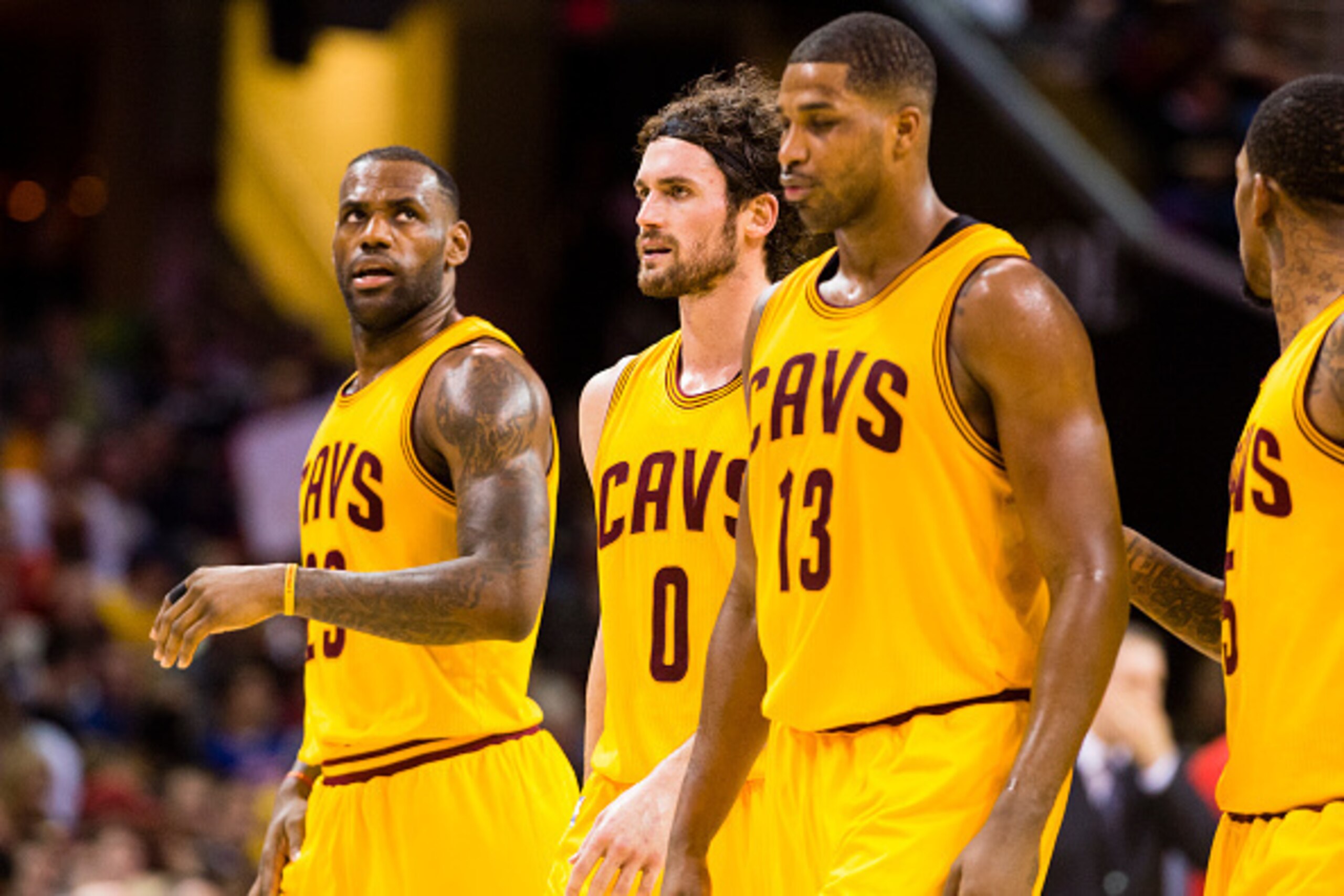 CLEVELAND, OH - JANUARY 25: LeBron James #23 of the Cleveland Cavaliers walks with Kevin Love #0 and Tristan Thompson #13 during the game against the Minnesota Timberwolves at Quicken Loans Arena on January 25, 2016 in Cleveland, Ohio. The Cavaliers defe CLEVELAND, OH - JANUARY 25: LeBron James #23 of the Cleveland Cavaliers walks with Kevin Love #0 and Tristan Thompson #13 during the game against the Minnesota Timberwolves at Quicken Loans Arena on January 25, 2016 in Cleveland, Ohio. The Cavaliers defe