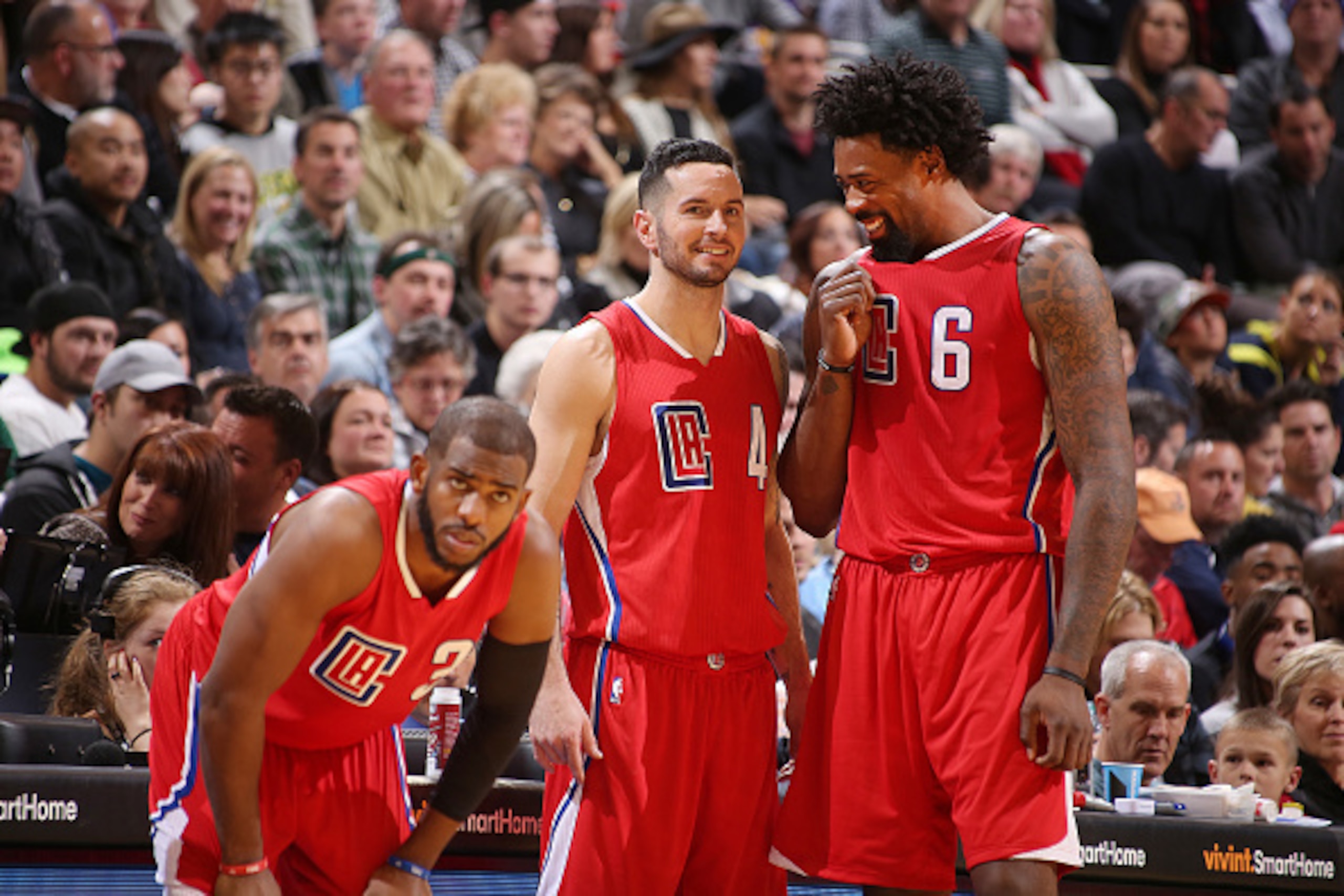 SALT LAKE CITY, UT - DECEMBER 26: Chris Paul #3 of the Los Angeles Clippers, J.J. Redick #4 of the Los Angeles Clippers and DeAndre Jordan #6 of the Los Angeles Clippers talk during the game against the Utah Jazz on December 26, 2015 at vivint.SmartHome SALT LAKE CITY, UT - DECEMBER 26: Chris Paul #3 of the Los Angeles Clippers, J.J. Redick #4 of the Los Angeles Clippers and DeAndre Jordan #6 of the Los Angeles Clippers talk during the game against the Utah Jazz on December 26, 2015 at vivint.SmartHome