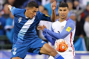 COLUMBUS, OH - MARCH 29:  Gerson Tinoco #9 of Guatemala and DeAndre Yedlin #2 of the United States Men's National Team battle for control of the ball during the FIFA 2018  World Cup qualifier on March 29, 2016 at MAPFRE Stadium in Columbus, Ohio. The Unit