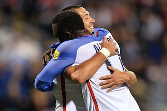 COLUMBUS, OH - MARCH 29:  Clint Dempsey #8 of the United States Men's National Team celebrates with Jozy Altidore #17 of the United States Men's National Team in the second half after Dempsey assisted on Altidore's goal against Guatemala during the FIFA 2