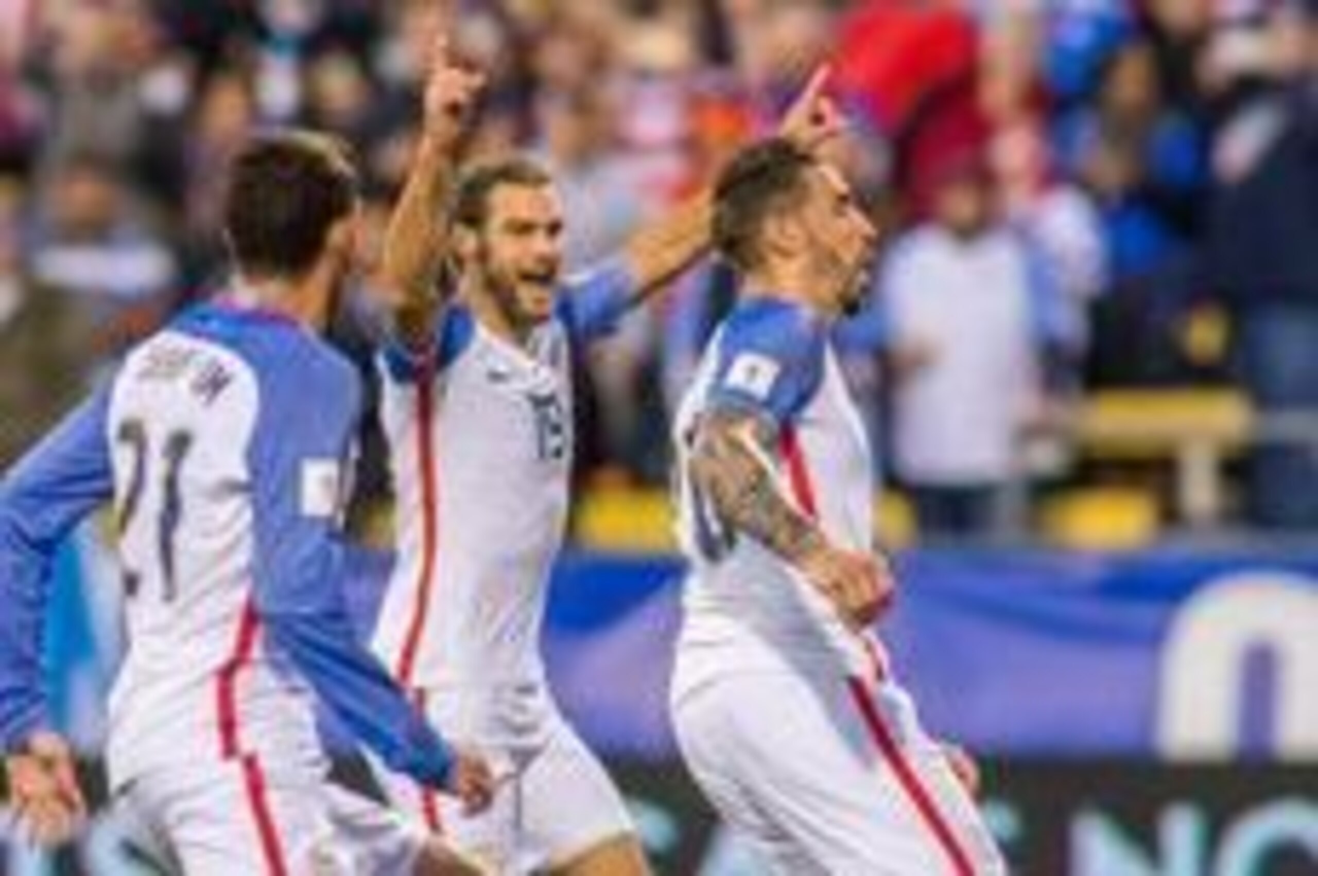 Mar 29, 2016; Columbus, OH, USA; United States defender Geoff Cameron (20) celebrates with teammates after scoring a goal in the first half against Guatemala during the semifinal round of the 2018 FIFA World Cup qualifying soccer tournament at MAPFRE Stad