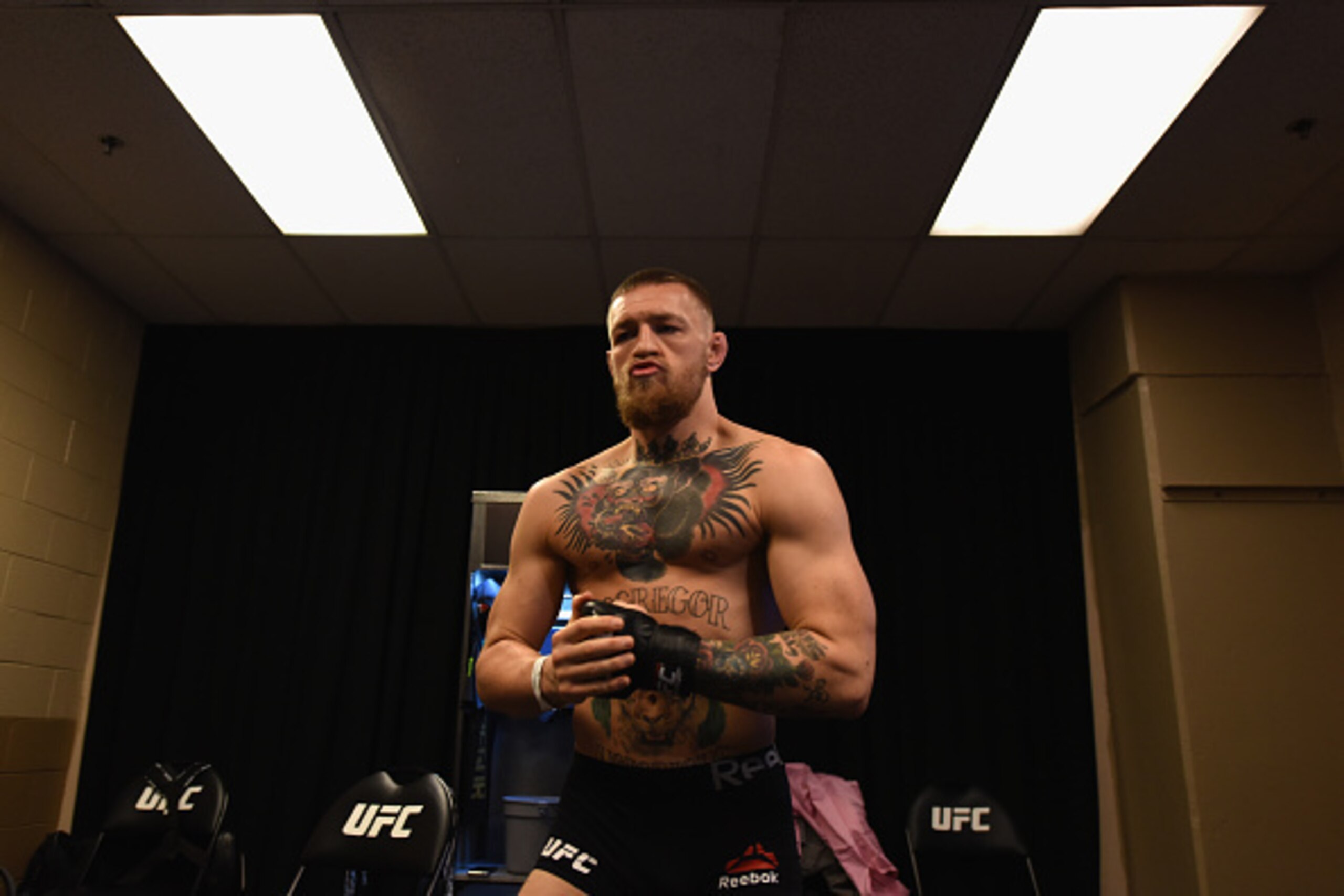LAS VEGAS, NV - MARCH 05: Conor McGregor of Ireland warms up backstage before facing Nate Diaz during the UFC 196 event inside MGM Grand Garden Arena on March 5, 2016 in Las Vegas, Nevada. (Photo by Jeff Bottari/Zuffa LLC/Zuffa LLC via Getty Images) LAS VEGAS, NV - MARCH 05: Conor McGregor of Ireland warms up backstage before facing Nate Diaz during the UFC 196 event inside MGM Grand Garden Arena on March 5, 2016 in Las Vegas, Nevada. (Photo by Jeff Bottari/Zuffa LLC/Zuffa LLC via Getty Images)