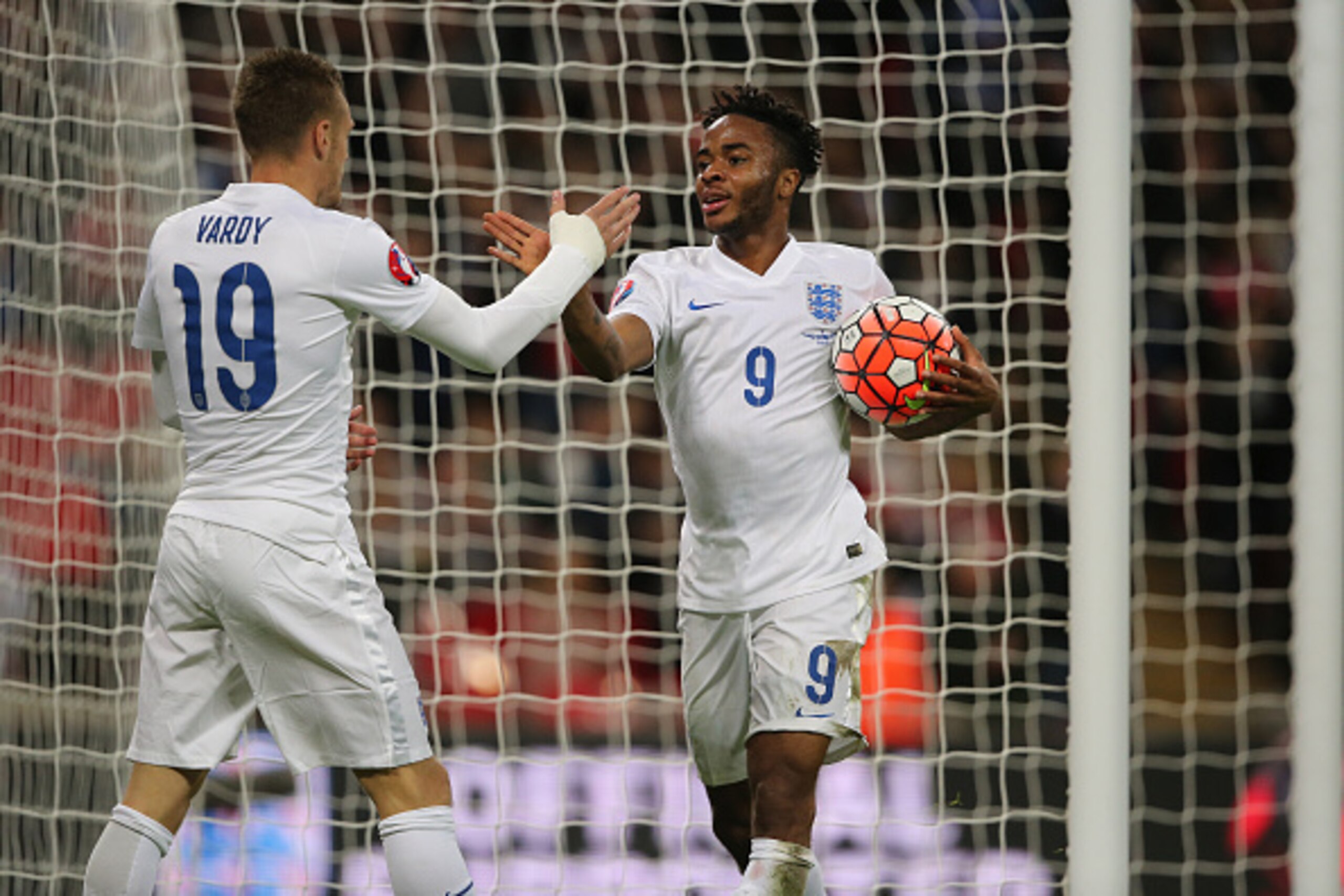 LONDON, ENGLAND - OCTOBER 09 : Raheem Sterling of England celebrates after scoring a goal to make it 2-0 with Jamie Vardy during the UEFA Euro 2016 Qualifier match between England and Estonia at Wembley Stadium on October 9, 2015 in London, England. (Ph LONDON, ENGLAND - OCTOBER 09 : Raheem Sterling of England celebrates after scoring a goal to make it 2-0 with Jamie Vardy during the UEFA Euro 2016 Qualifier match between England and Estonia at Wembley Stadium on October 9, 2015 in London, England. (Ph