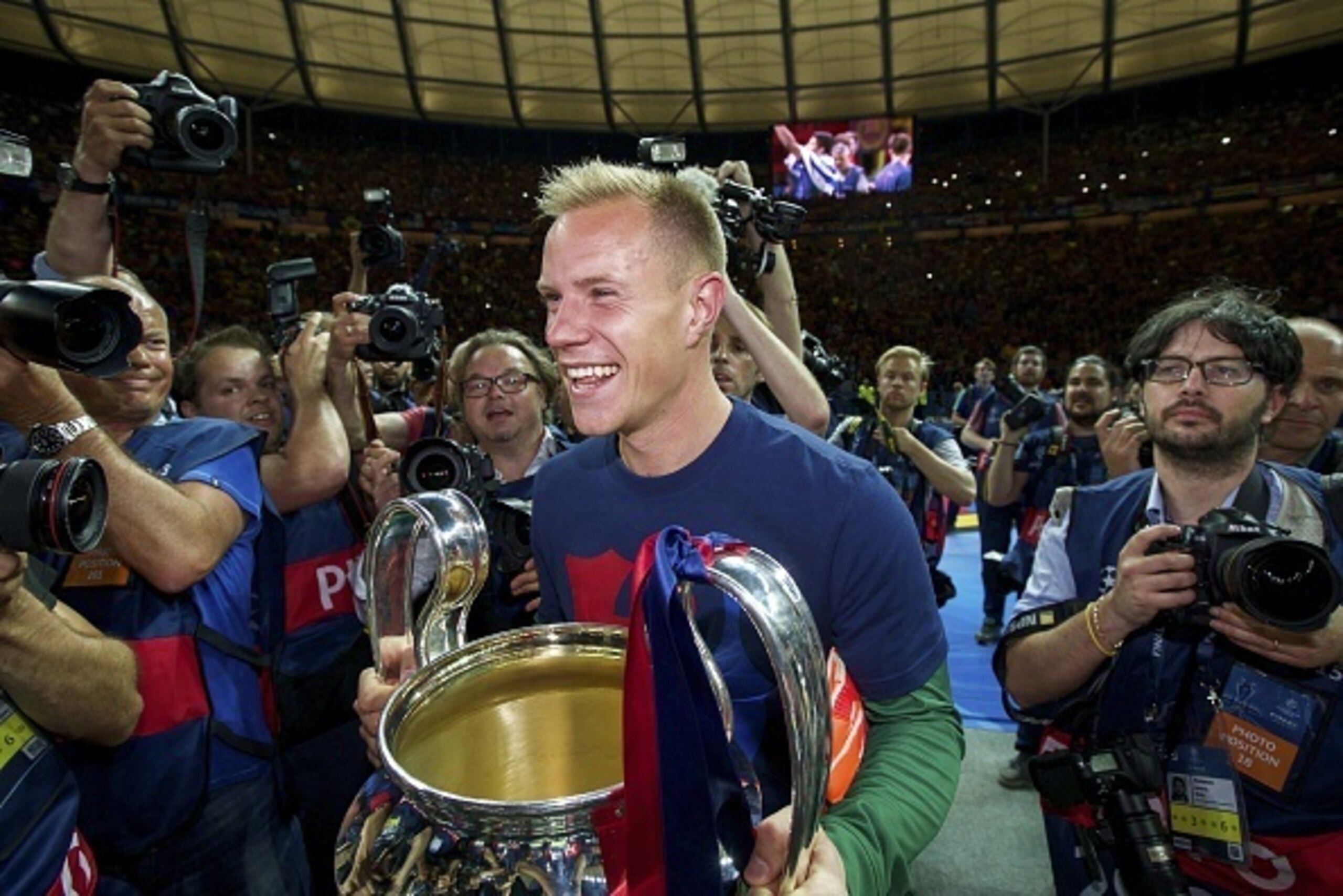 goalkeeper Marc-Andre ter Stegen of FC Barcelona with trophy during the UEFA Champions League  final match between Barcelona and Juventus on June 6, 2015 at the Olympic stadium in Berlin, Germany.(Photo by VI Images via Getty Images)