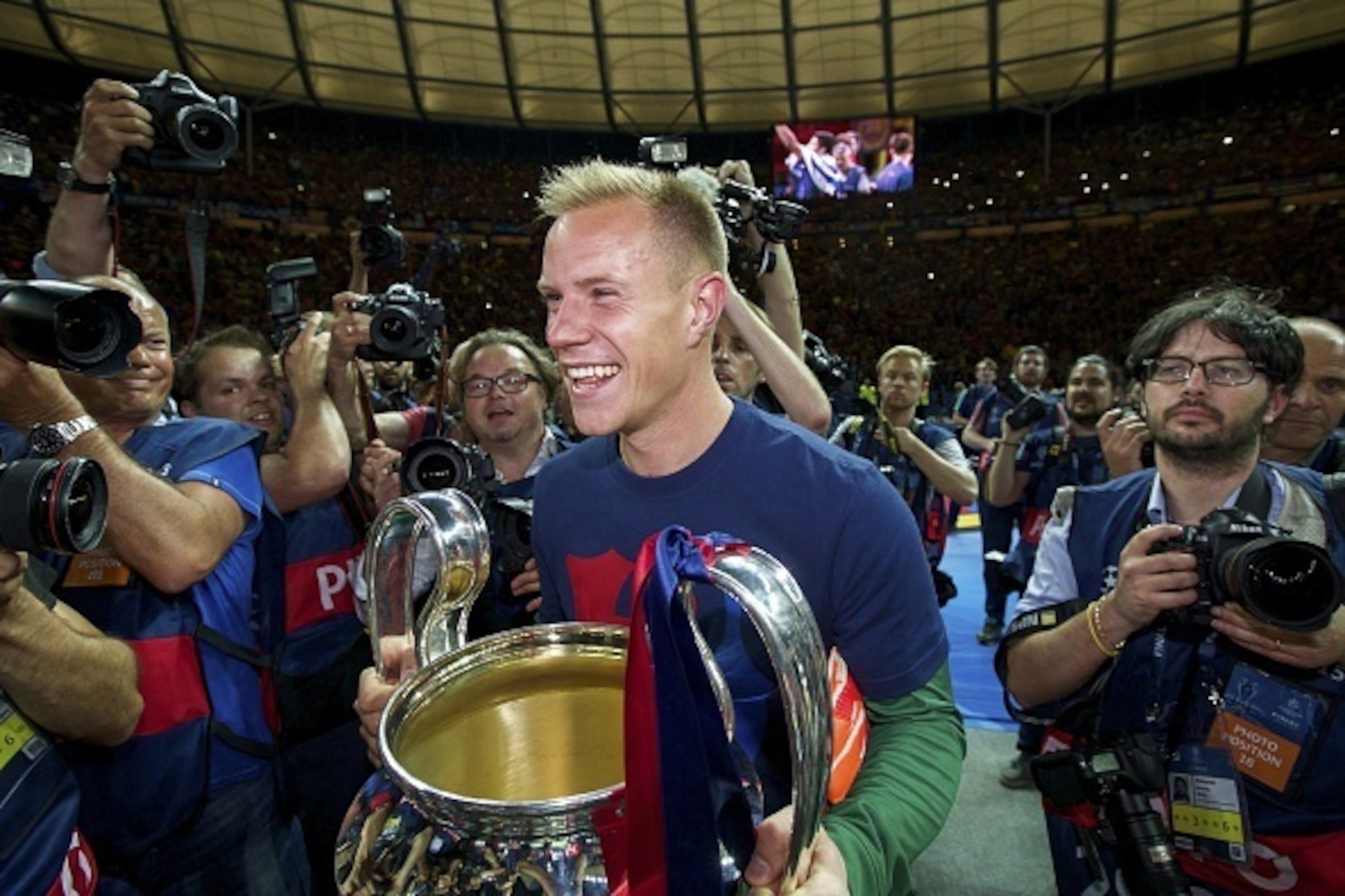 goalkeeper Marc-Andre ter Stegen of FC Barcelona with trophy during the UEFA Champions League  final match between Barcelona and Juventus on June 6, 2015 at the Olympic stadium in Berlin, Germany.(Photo by VI Images via Getty Images)