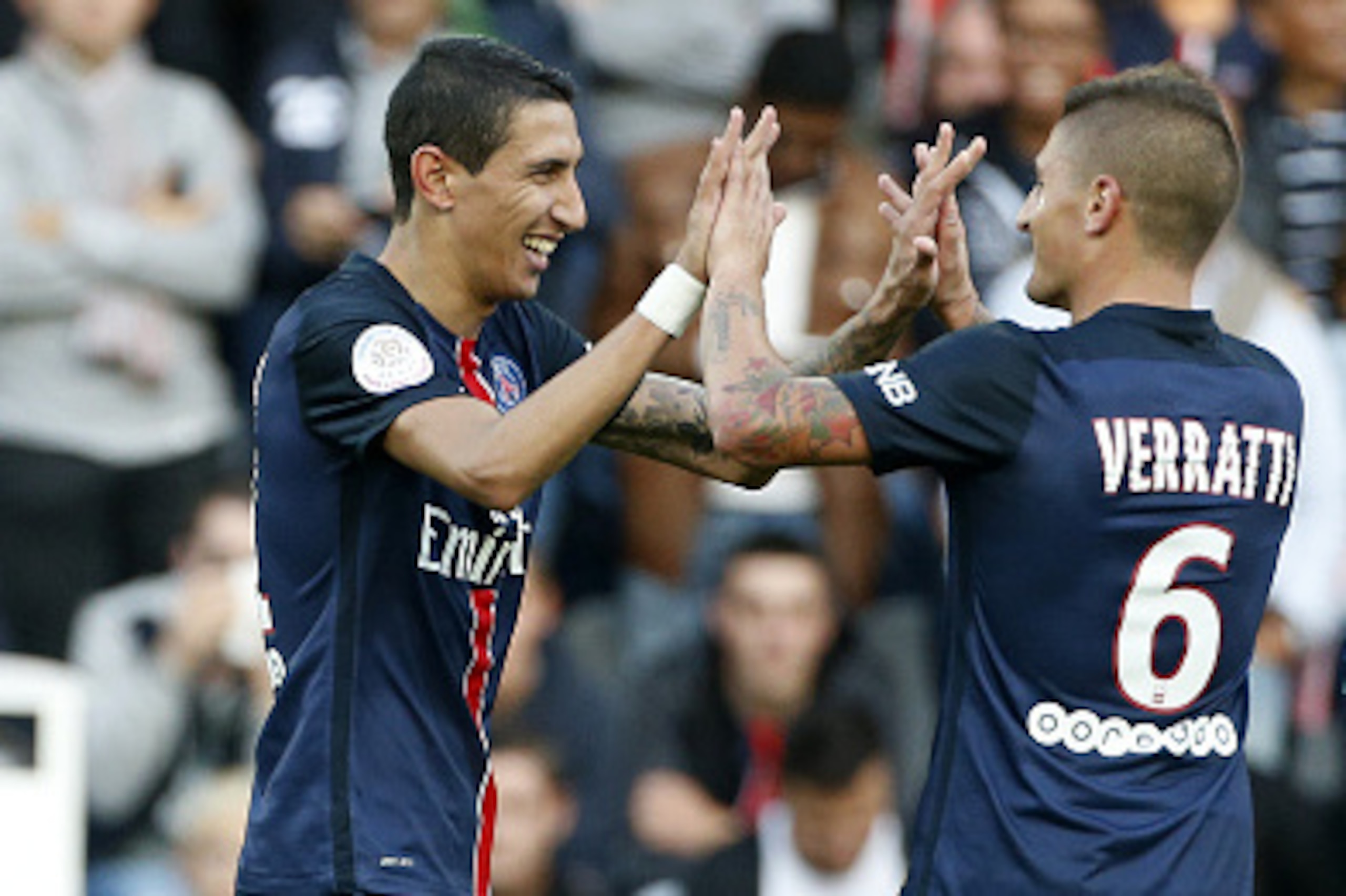 NANTES, FRANCE - SEPTEMBER 26: Angel Di Maria of PSG celebrates his goal with Marco Verratti of PSG during the French Ligue 1 match between FC Nantes and Paris Saint-Germain (PSG) at Stade de la Beaujoire on September 26, 2015 in Nantes, France. (Photo by