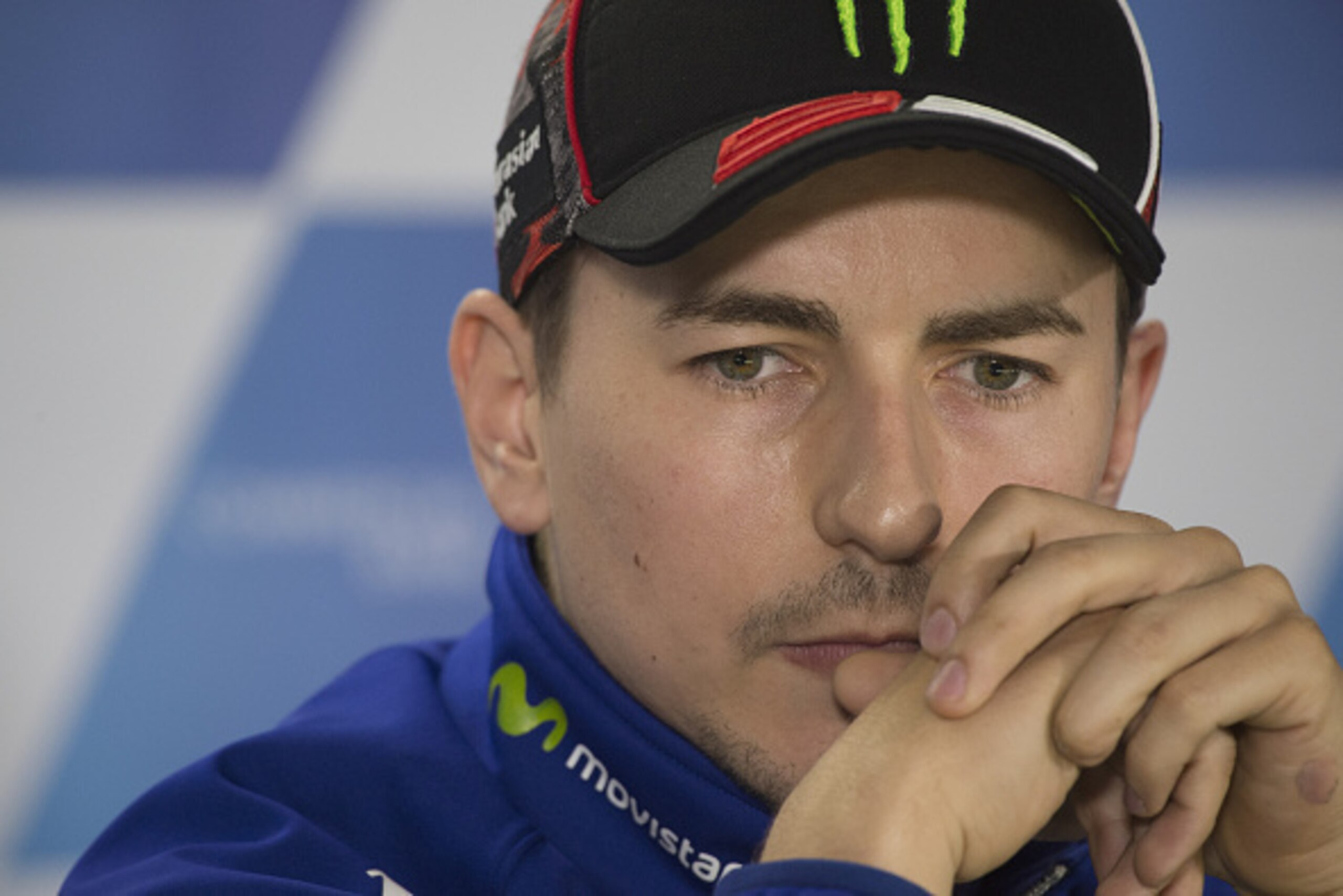 DOHA, QATAR - MARCH 19:  Jorge Lorenzo of Spain and Movistar Yamaha MotoGP looks on during the press conference at the end of the qualifying practice during the MotoGp of Qatar - Qualifying at Losail Circuit on March 19, 2016 in Doha, Qatar.  (Photo by Mi