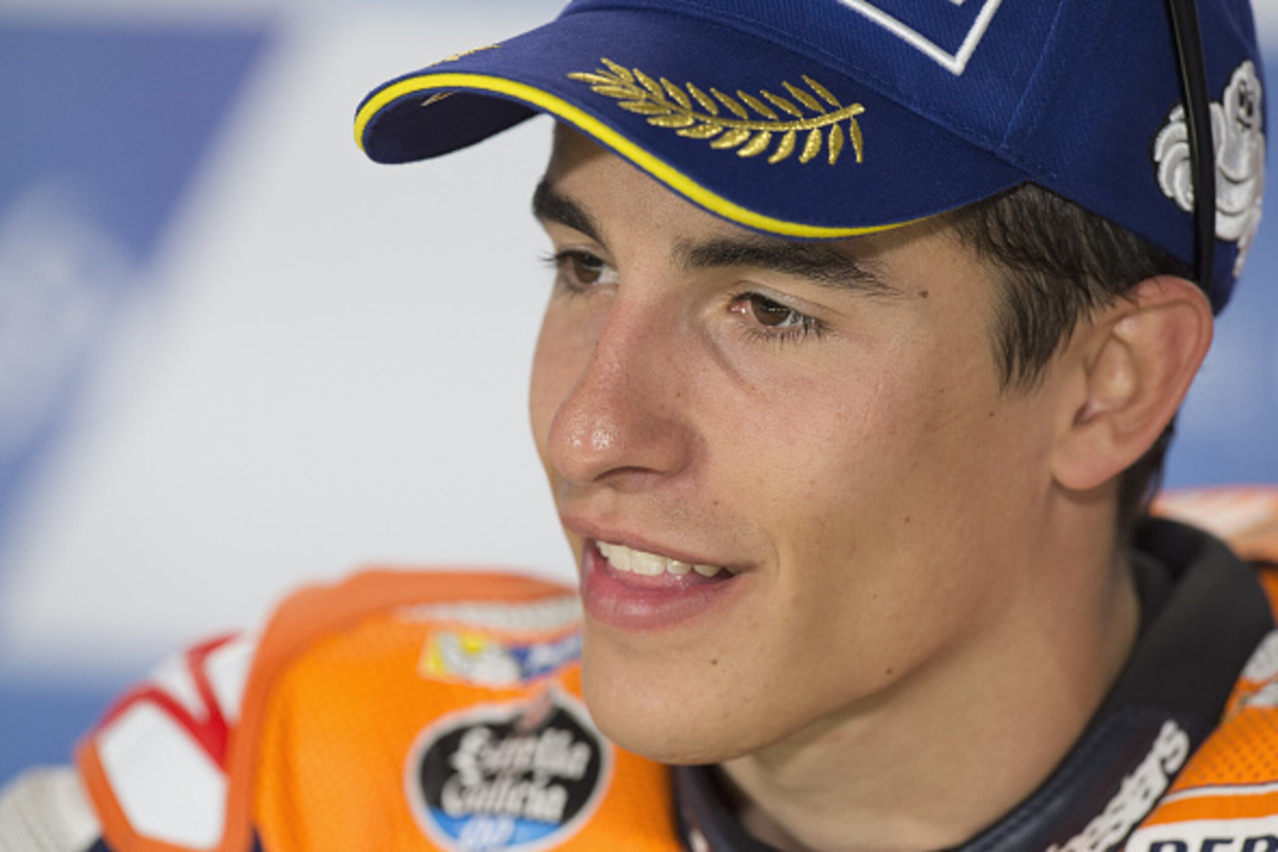 DOHA, QATAR - MARCH 20: Marc Marquez of Spain and Repsol Honda Team smiles during the press conference at the end of the MotoGP race during the MotoGp of Qatar - Race at Losail Circuit on March 20, 2016 in Doha, Qatar. (Photo by Mirco Lazzari gp/Getty Ima