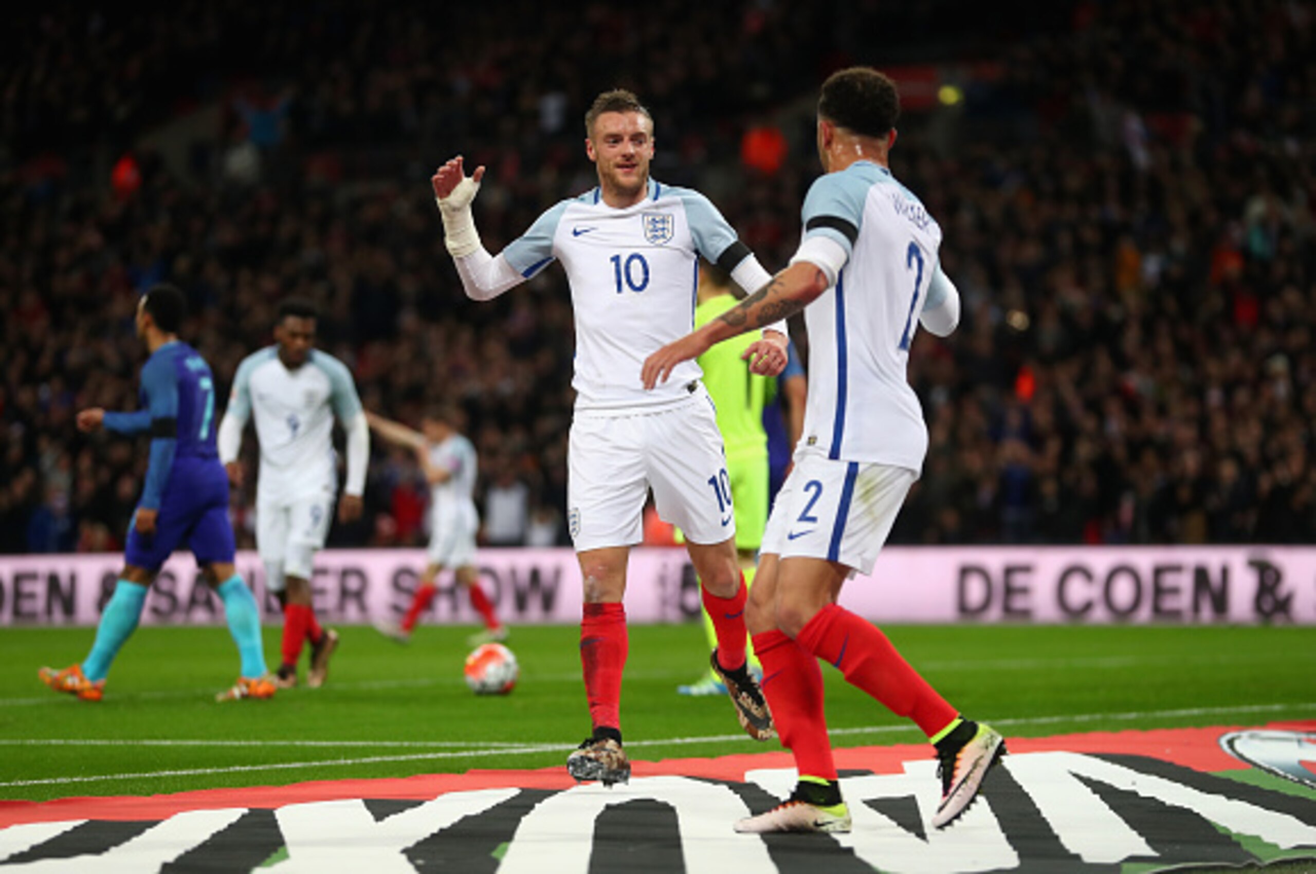 LONDON, ENGLAND - MARCH 29: Jamie Vardy (n10) of England celebrates scoring the opening goal with Kyle Walker during the International Friendly match between England and Netherlands at Wembley Stadium on March 29, 2016 in London, England. (Photo by Juli LONDON, ENGLAND - MARCH 29: Jamie Vardy (n10) of England celebrates scoring the opening goal with Kyle Walker during the International Friendly match between England and Netherlands at Wembley Stadium on March 29, 2016 in London, England. (Photo by Juli