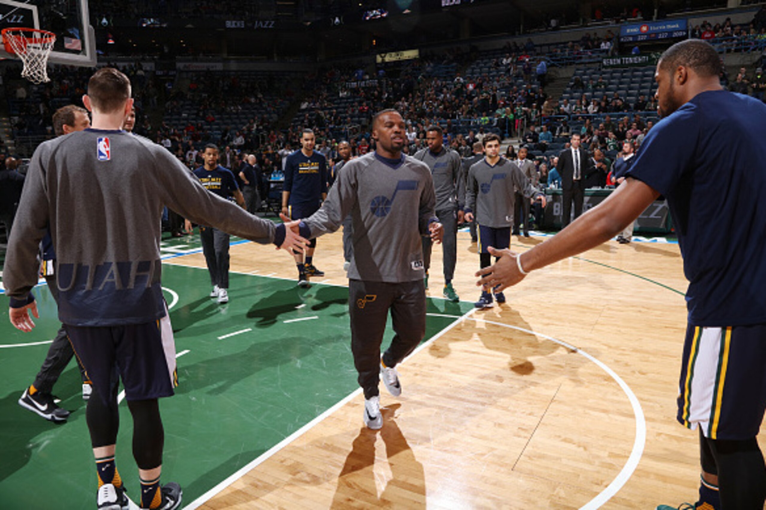 Milwaukee, WI - MARCH 20:  Shelvin Mack #8 of the Utah Jazz is introduced before the game against the Milwaukee Bucks on March 20, 2016 at the BMO Harris Bradley Center in Milwaukee, Wisconsin. NOTE TO USER: User expressly acknowledges and agrees that, by