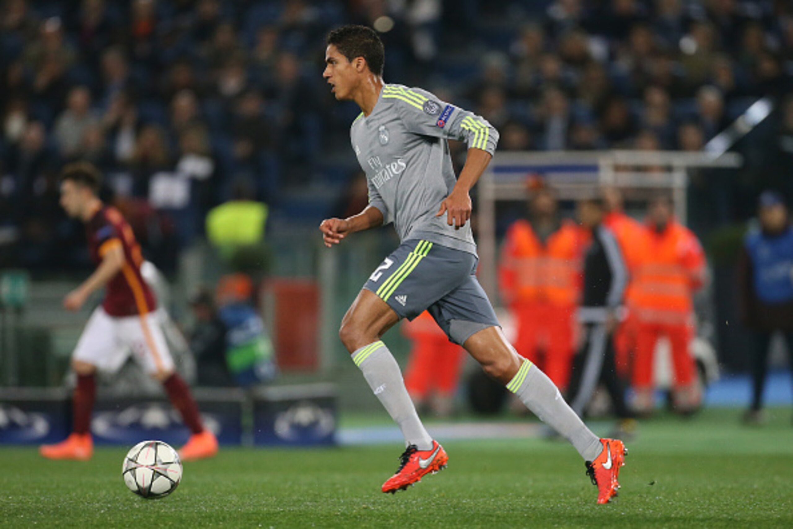 ROMA - FEBRUARY 17: Raphael Varane of Real Madrid in action during the UEFA Champions League round of 16 first leg match between AS Roma and Real Madrid CF at Stadio Olimpico on February 16, 2016 in Roma, Italy. (Photo by Jean Catuffe/Getty Images)