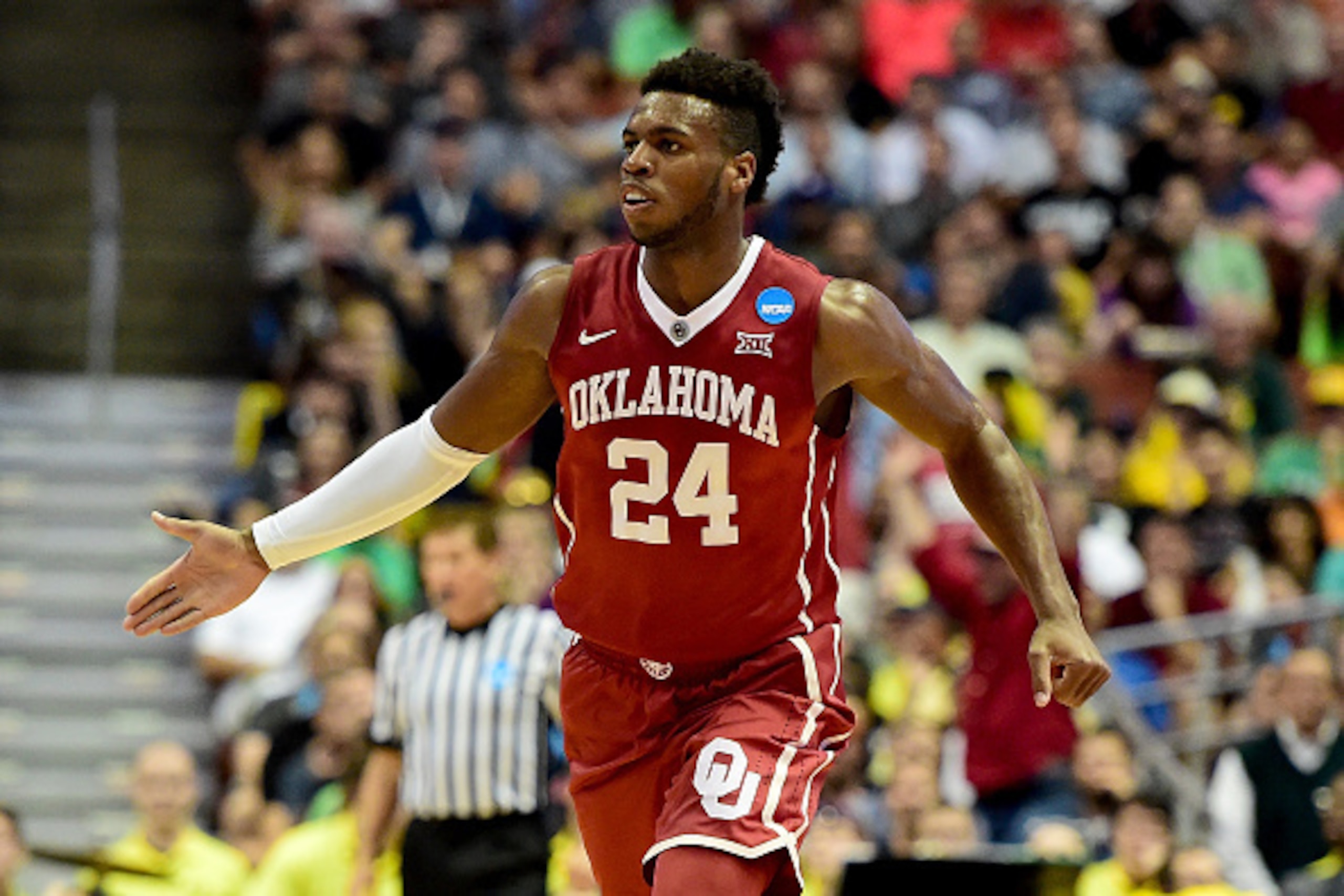ANAHEIM, CA - MARCH 26:  Buddy Hield #24 of the Oklahoma Sooners reacts in the first half while taking on the Oregon Ducks in the NCAA Men's Basketball Tournament West Regional Final at Honda Center on March 26, 2016 in Anaheim, California.  (Photo by Har