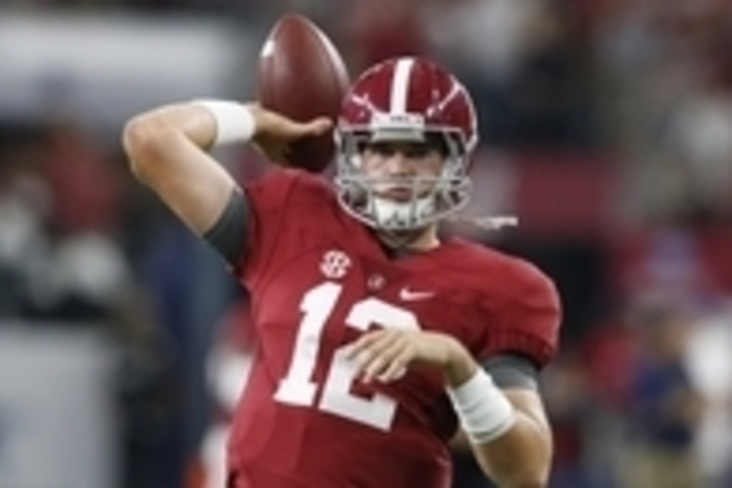 Sep 5, 2015; Arlington, TX, USA; Alabama Crimson Tide quarterback David Cornwell (12) throws prior to the game against the Wisconsin Badgers at AT&T Stadium. Mandatory Credit: Matthew Emmons-USA TODAY Sports