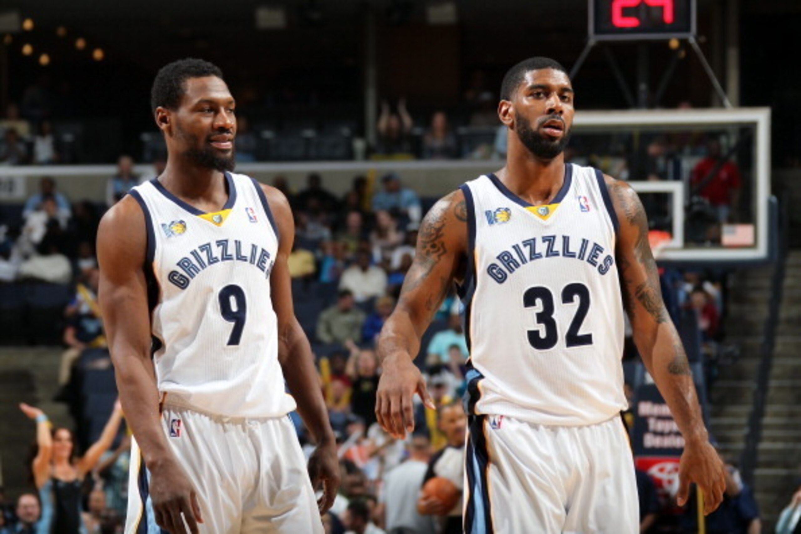MEMPHIS, TN - APRIL 2:  O.J. Mayo #32 and teammate Tony Allen #9 of the Memphis Grizzlies during a game on April 2, 2011 at the FedExForum in Memphis, Tennessee.  NOTE TO USER: User expressly acknowledges and agrees that, by downloading and or using this 