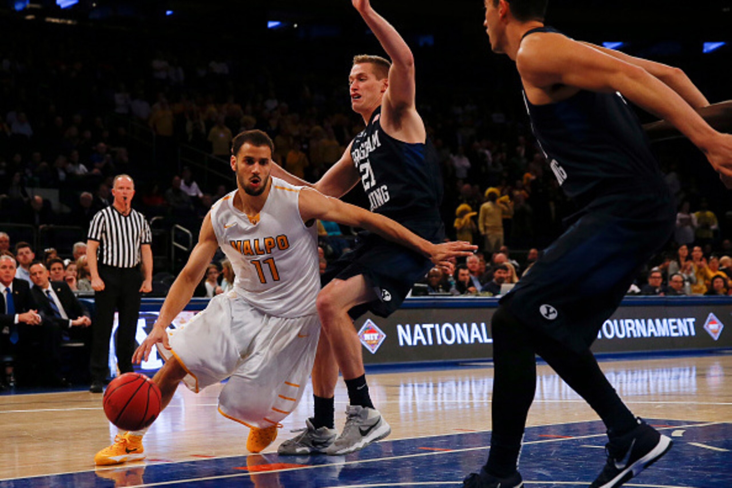 NEW YORK, NY - MARCH 29: Shane Hamming #11 of the Valparaiso Crusaders drives by Kyle Davis #21 of the Brigham Young Cougars during their NIT Championship Semifinal game at Madison Square Garden on March 29, 2016 in New York City. (Photo by Jeff Zeleva NEW YORK, NY - MARCH 29: Shane Hamming #11 of the Valparaiso Crusaders drives by Kyle Davis #21 of the Brigham Young Cougars during their NIT Championship Semifinal game at Madison Square Garden on March 29, 2016 in New York City. (Photo by Jeff Zeleva