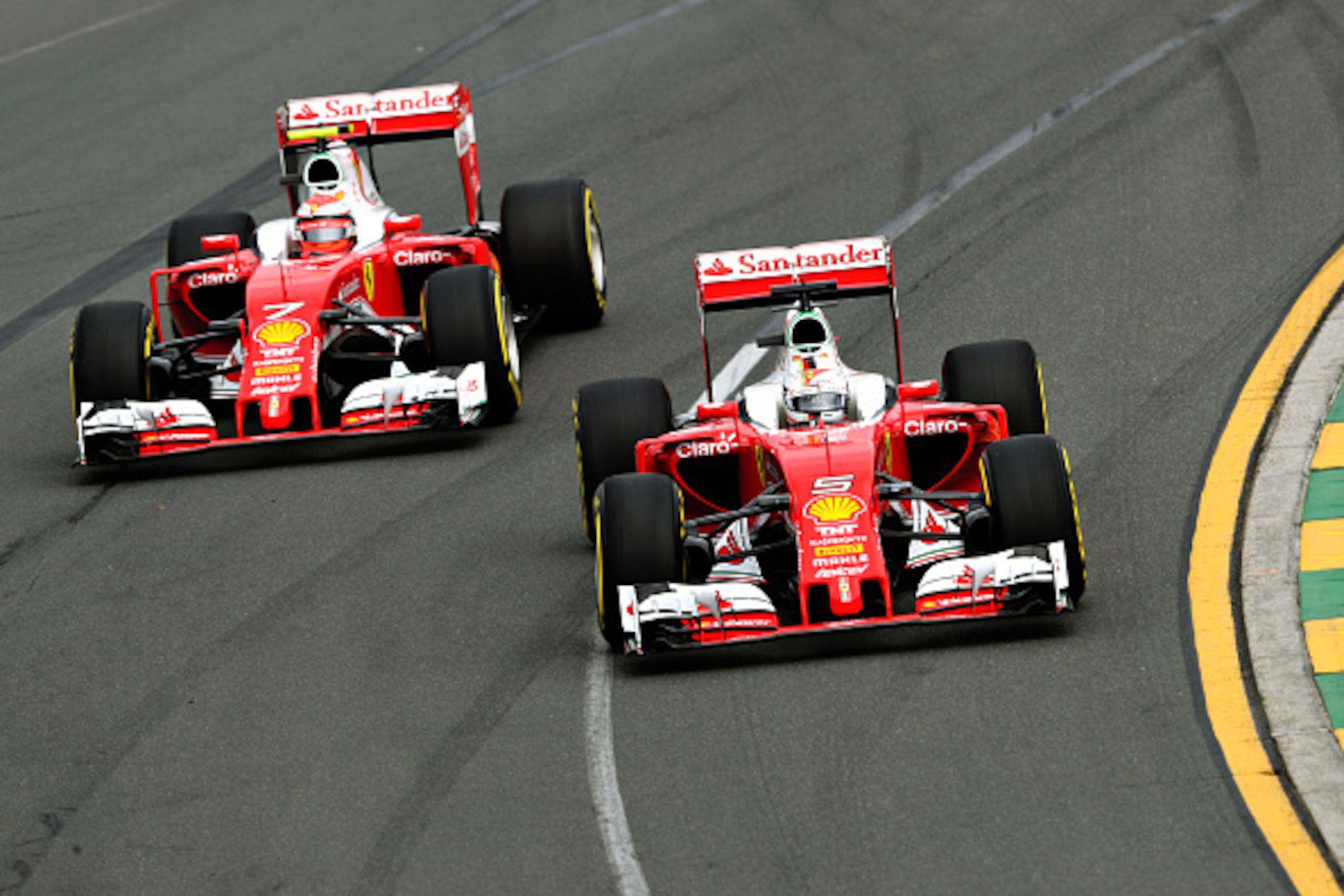MELBOURNE, AUSTRALIA - MARCH 19: Sebastian Vettel of Germany drives the (5) Scuderia Ferrari SF16-H Ferrari 059/5 turbo (Shell GP) and Kimi Raikkonen of Finland drives the (7) Scuderia Ferrari SF16-H Ferrari 059/5 turbo (Shell GP) on track  during qualify
