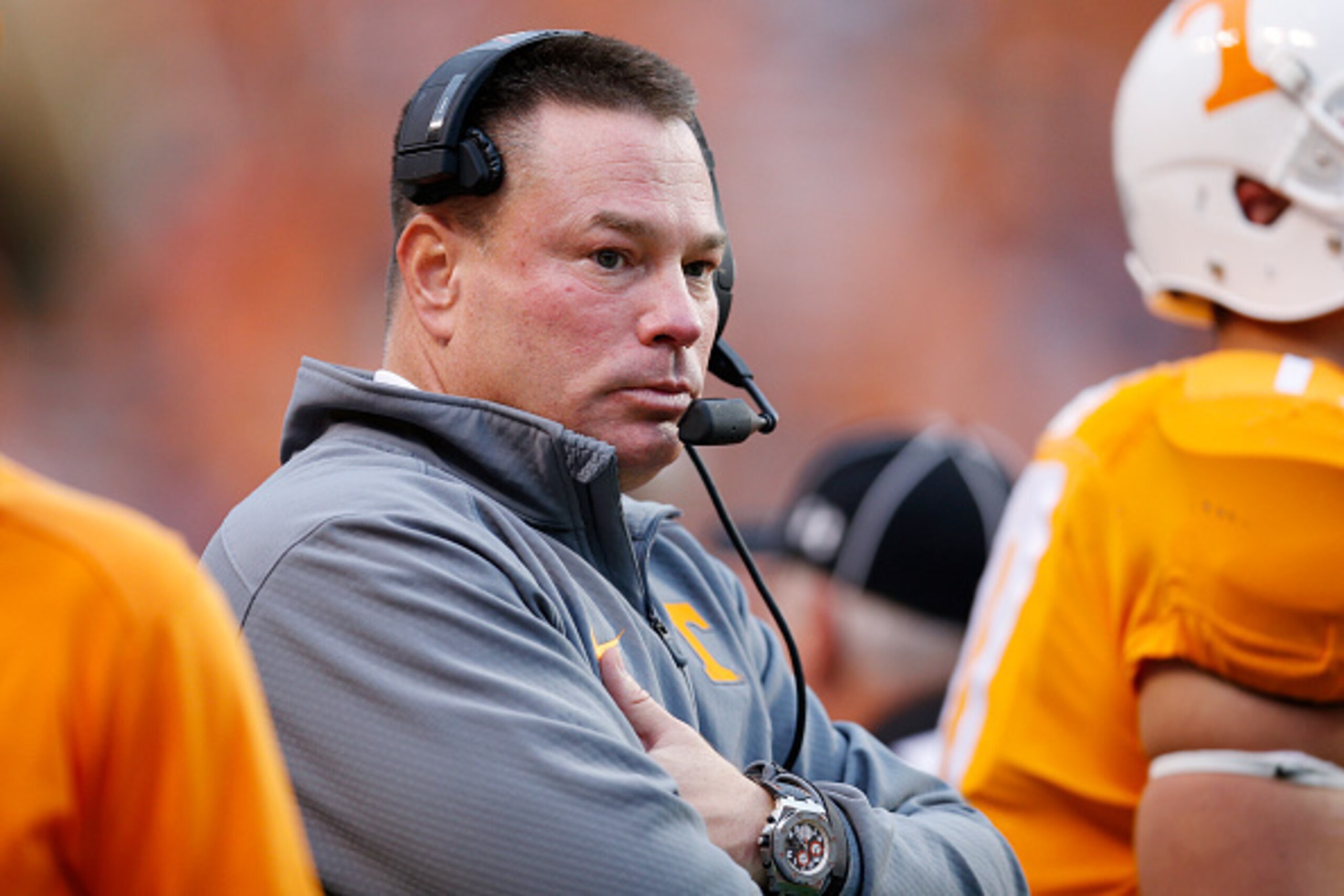 KNOXVILLE, TN - NOVEMBER 7: Head coach Butch Jones of the Tennessee Volunteers looks on during a game against the South Carolina Gamecocks at Neyland Stadium on November 7, 2015 in Knoxville, Tennessee. Tennessee defeated South Carolina 27-24. (Photo by J