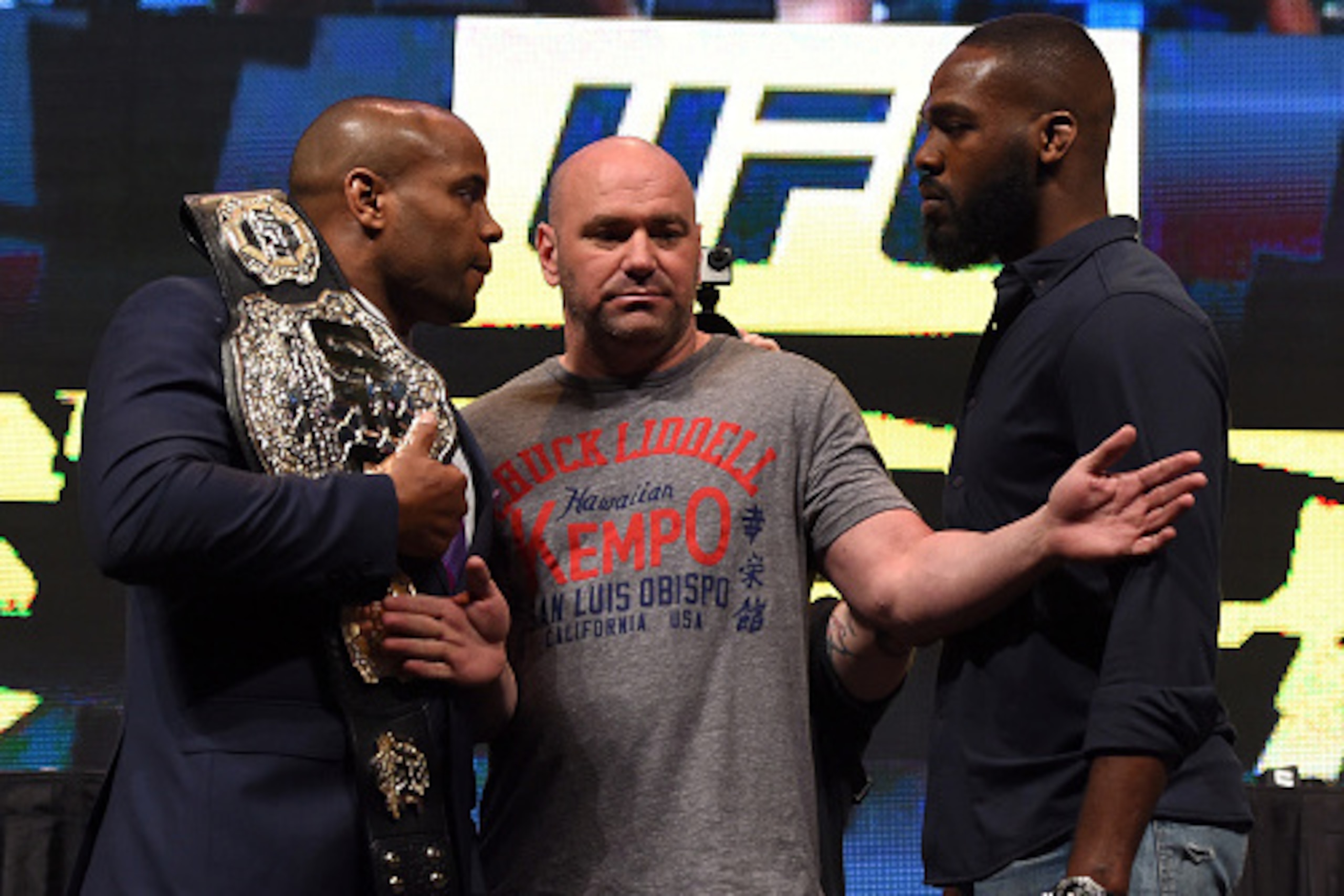 LAS VEGAS, NV - MARCH 04:  (L-R) Opponents Daniel Cormier and Jon Jones face off during the UFC Unstoppable launch press conference at the MGM Grand Garden Arena on March 4, 2016 in Las Vegas, Nevada. (Photo by Josh Hedges/Zuffa LLC/Zuffa LLC via Getty Im