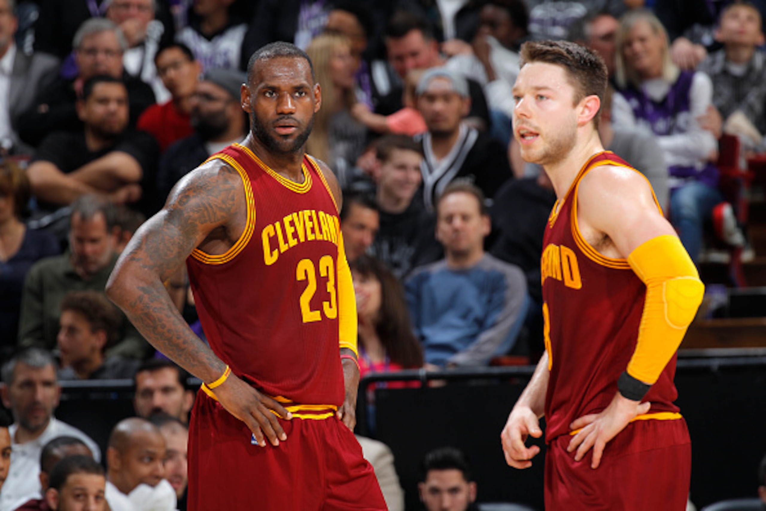 SACRAMENTO, CA - MARCH 9: LeBron James #23 and Matthew Dellavedova #8 of the Cleveland Cavaliers look on during the game against the Sacramento Kings on March 9, 2016 at Sleep Train Arena in Sacramento, California. NOTE TO USER: User expressly acknowledge
