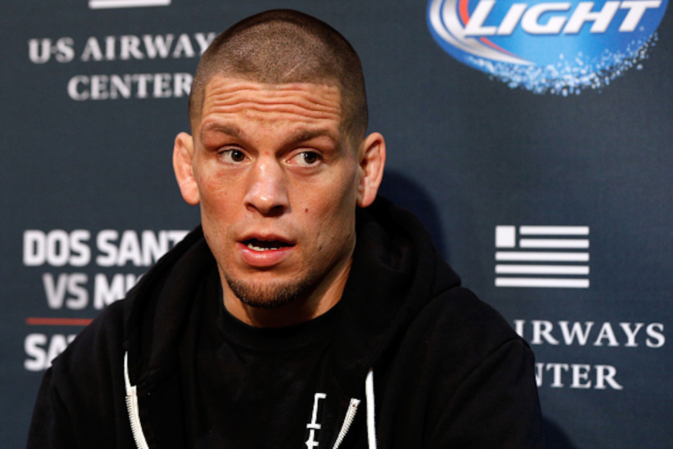 PHOENIX, AZ - DECEMBER 11:  Nate Diaz interacts with media during the UFC Ultimate Media Day at the US Airways Center on December 11, 2014 in Phoenix, Arizona. (Photo by Josh Hedges/Zuffa LLC/Zuffa LLC via Getty Images)