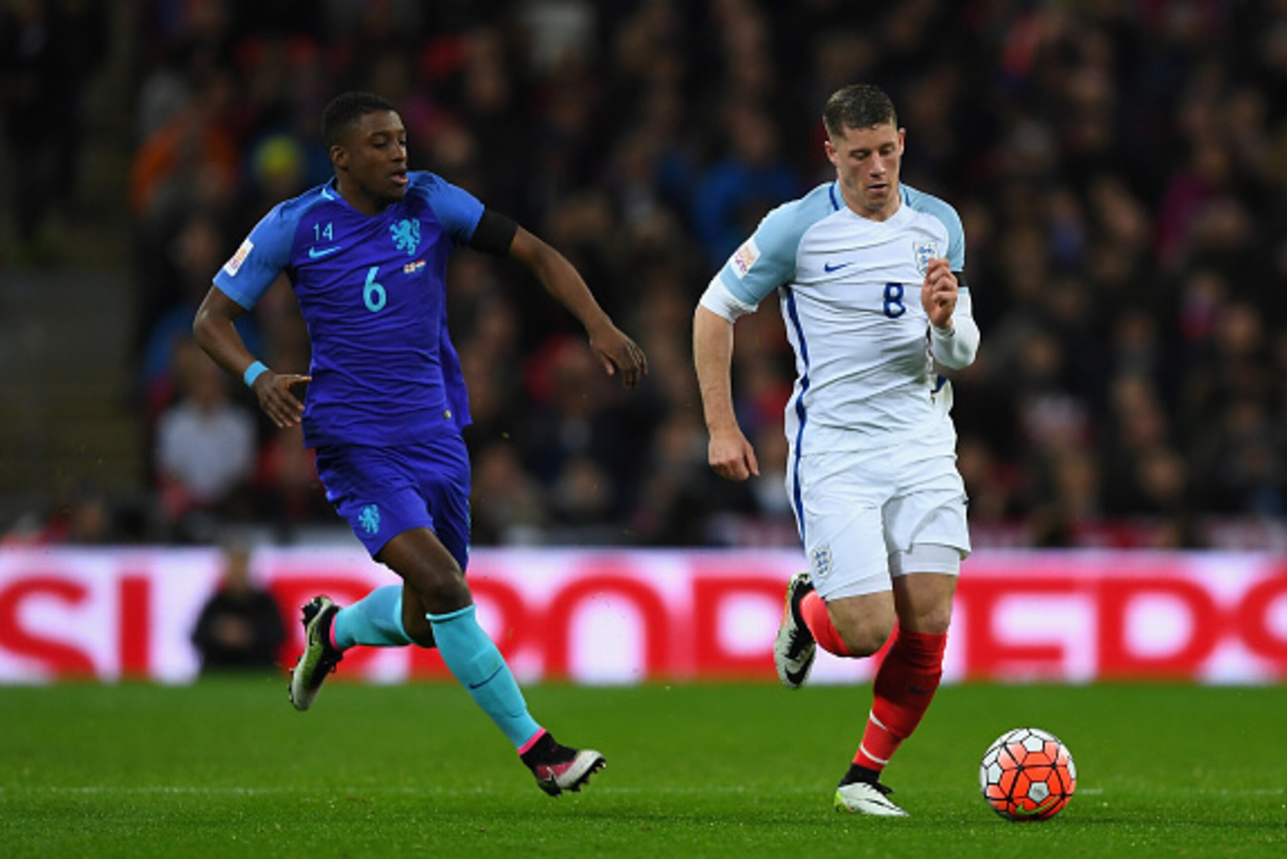 LONDON, ENGLAND - MARCH 29:  Ross Barkley of England (r) holds off Riechedly Bazoer of the Netherlands during the International Friendly match between England and Netherlands at Wembley Stadium on March 29, 2016 in London, England.  (Photo by Shaun Botter