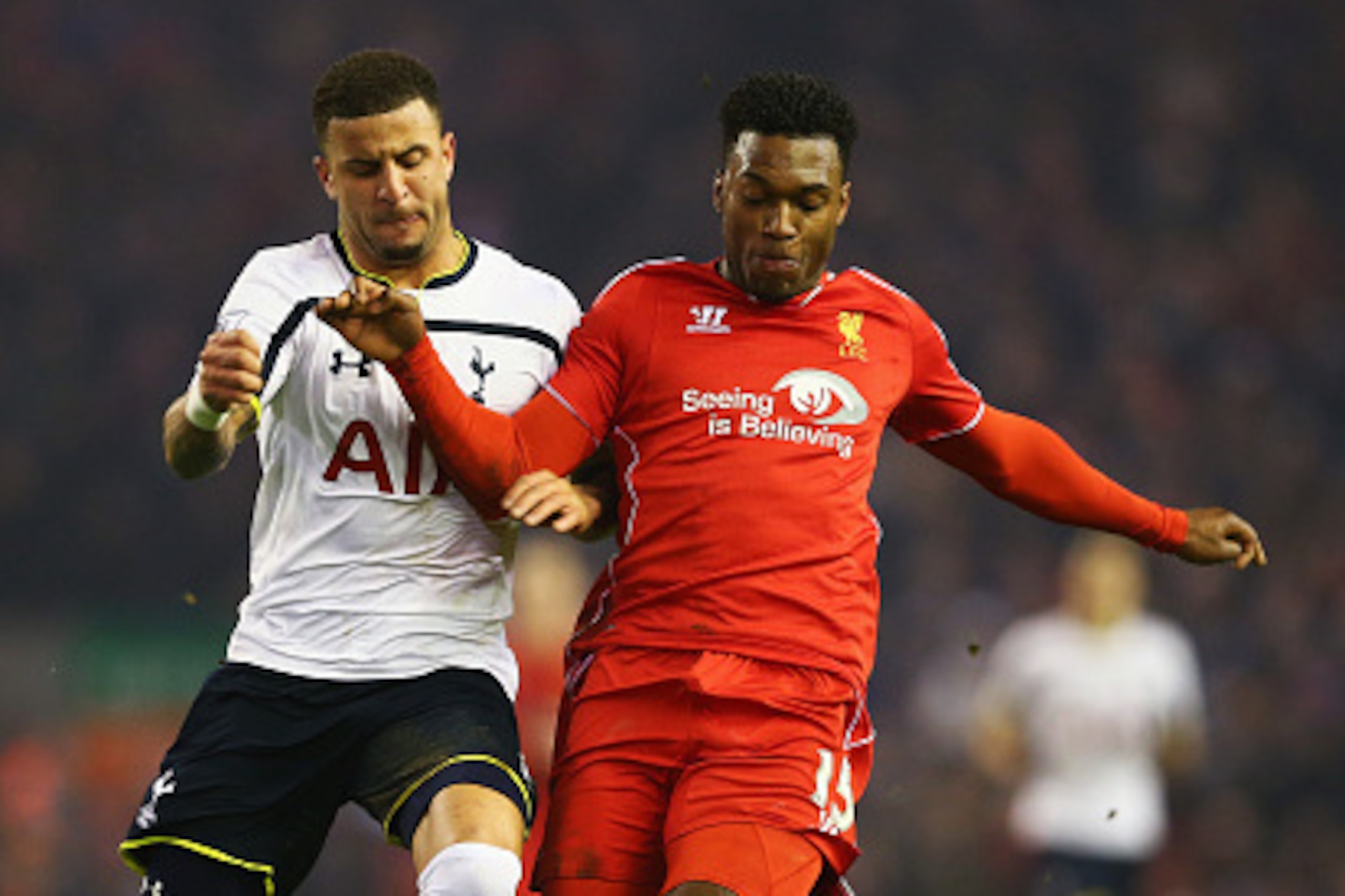 LIVERPOOL, ENGLAND - FEBRUARY 10:  Daniel Sturridge of Liverpool is closed down by Kyle Walker of Tottenham Hotspur during the Barclays Premier League match between Liverpool and Tottenham Hotspur at Anfield on February 10, 2015 in Liverpool, England.  (P